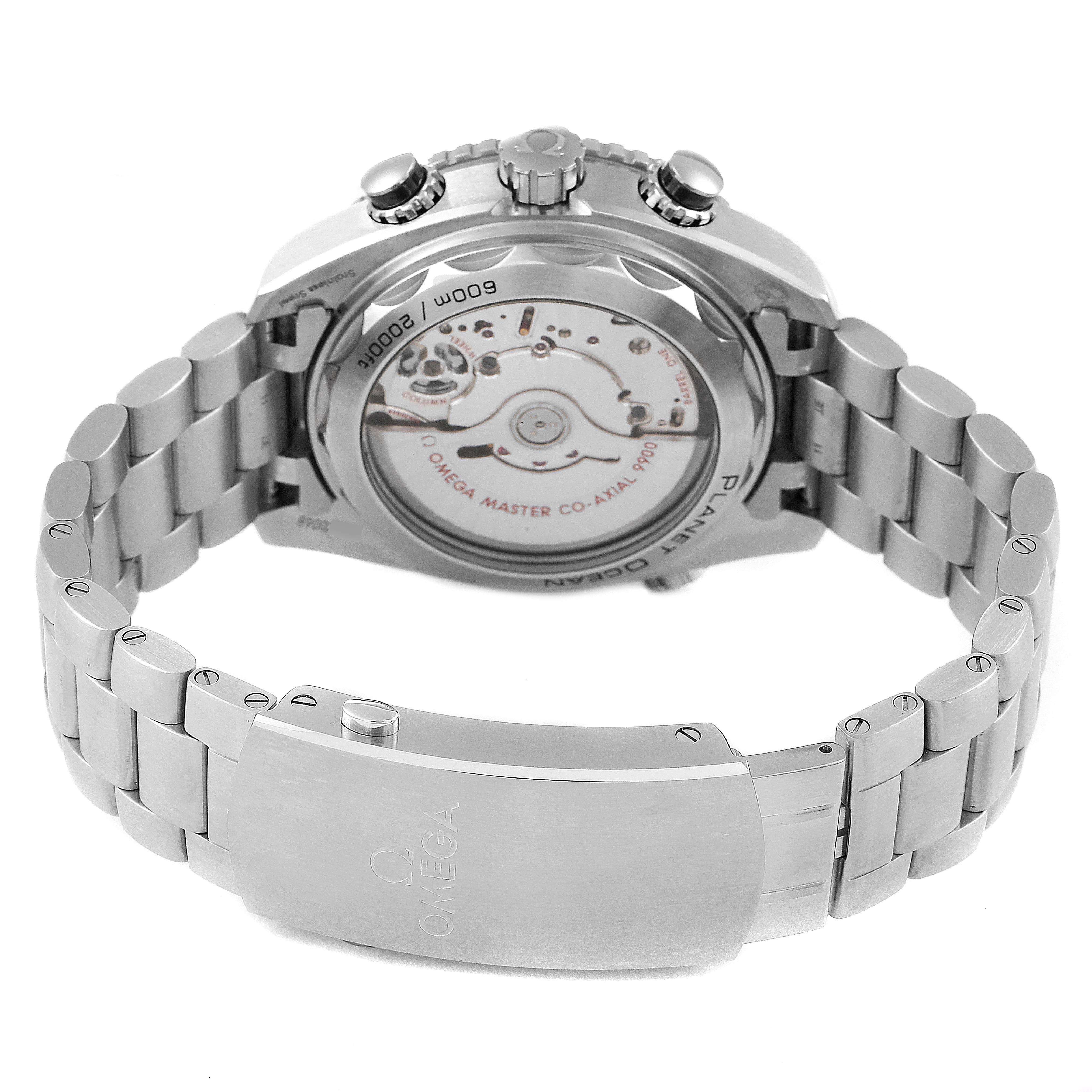 The image shows the back case and bracelet of the Omega Planet Ocean 215.30.46.51.01.002 Men's Stainless Steel Black Dial 215.30.46.51.01.002 Men's Stainless Steel Black Dial watch, highlighting the movement and clasp.