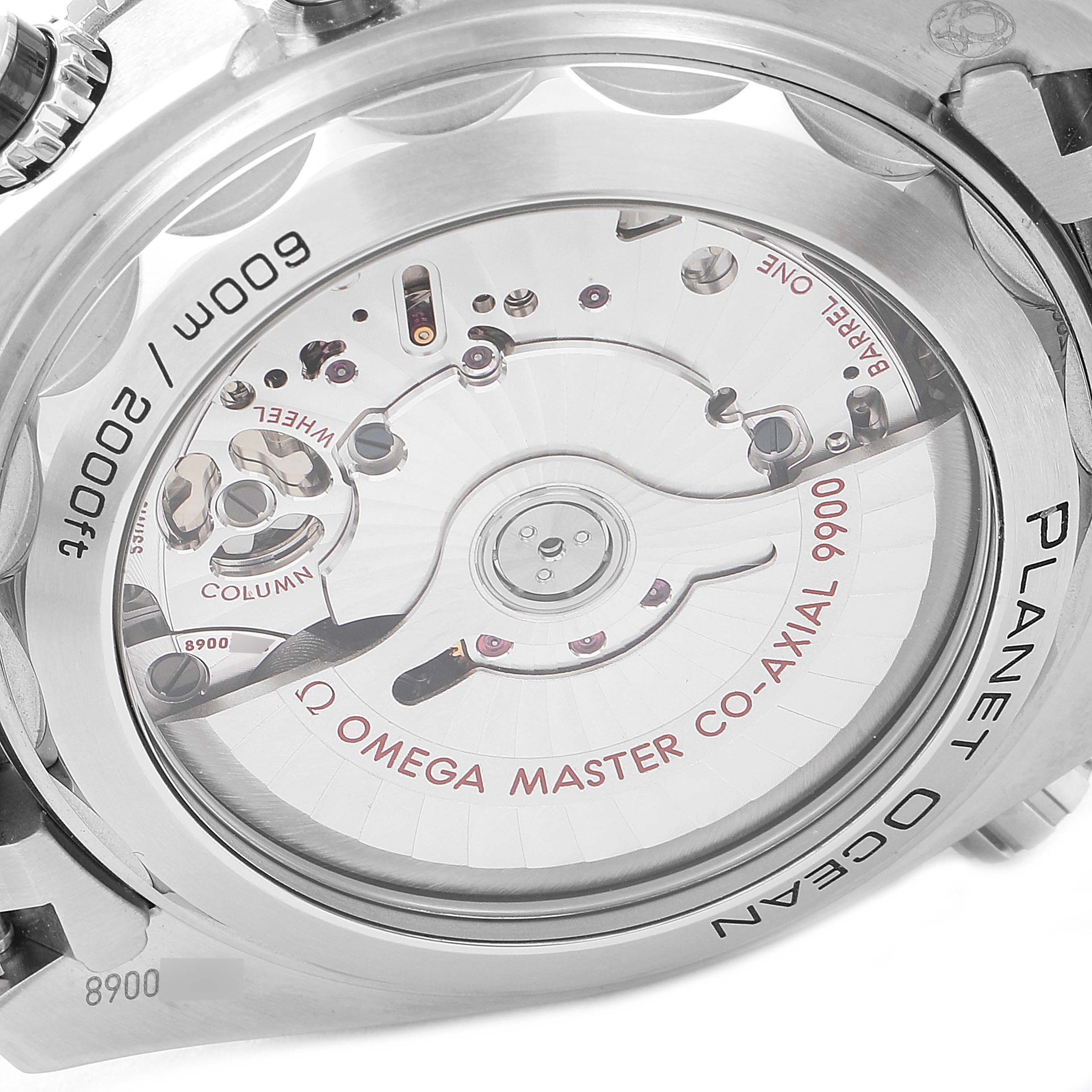 The image shows the case back of an Omega Planet Ocean 215.30.46.51.01.002 Men's Stainless Steel Black Dial 215.30.46.51.01.002 Men's Stainless Steel Black Dial watch, highlighting the Omega Master Co-Axial 8900 movement.