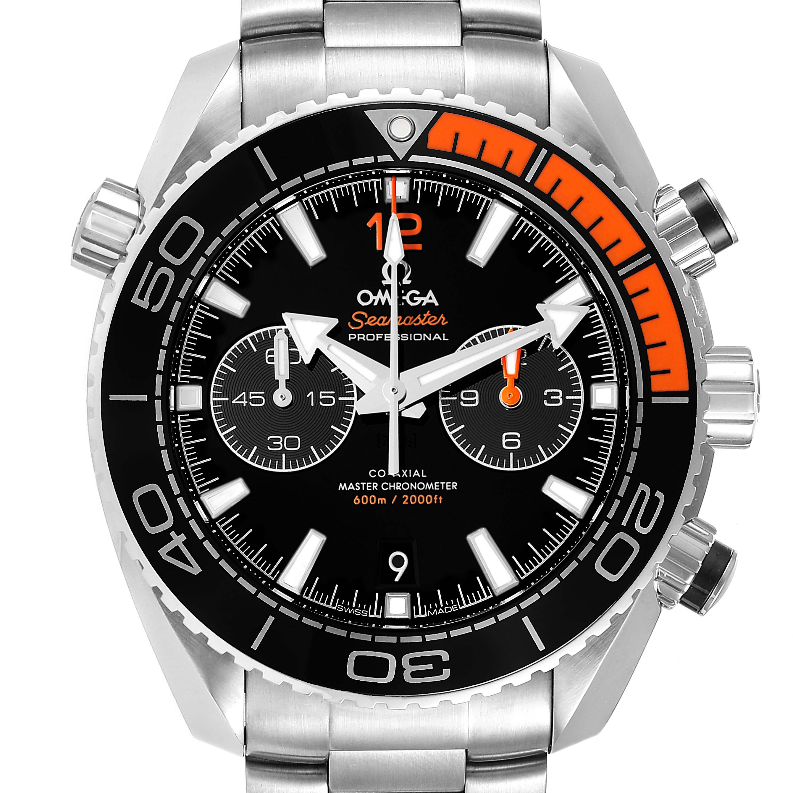 The image shows a front view of the Omega Planet Ocean 215.30.46.51.01.002 Men's Stainless Steel Black Dial 215.30.46.51.01.002 Men's Stainless Steel Black Dial watch displaying its dial, bezel, and bracelet.