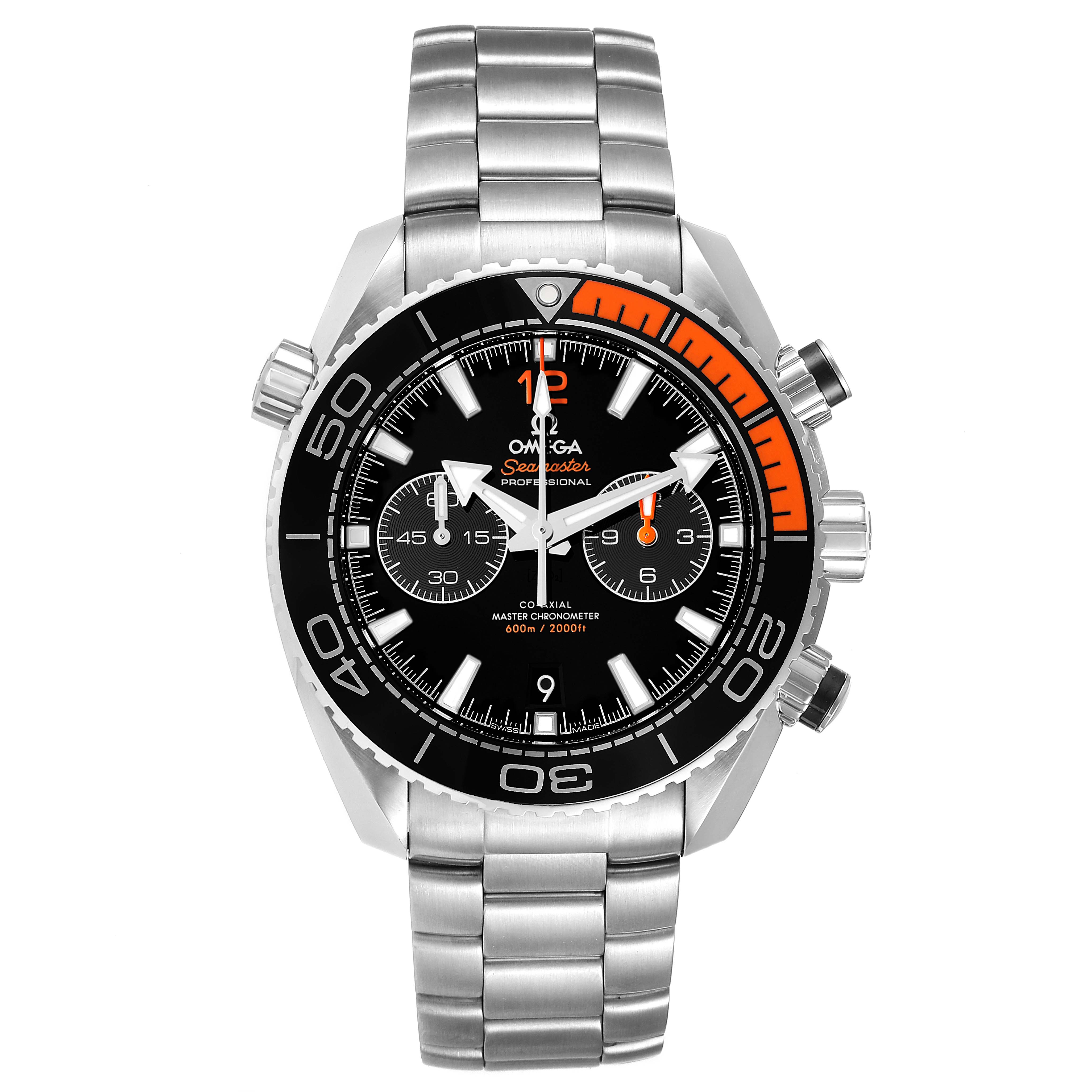 The image shows a front view of the Omega Seamaster Planet Ocean watch, featuring a silver bracelet and black dial with orange accents.