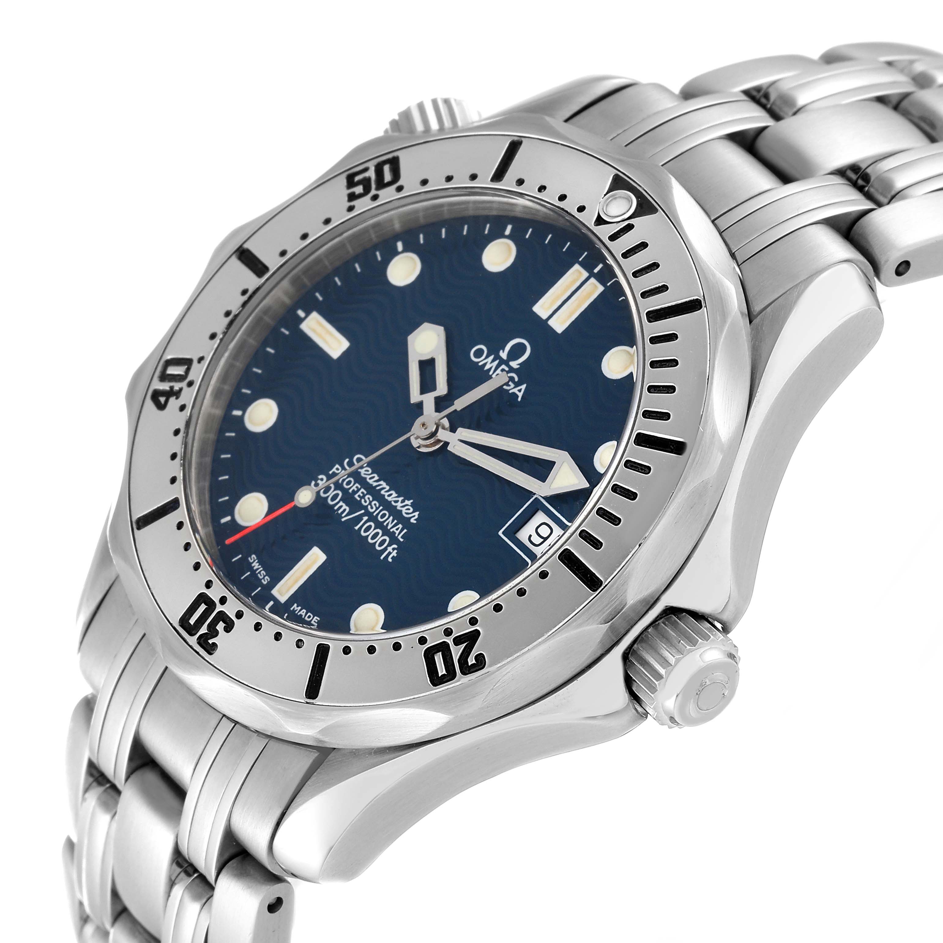 This image shows an angled view of the Omega Seamaster 2562.80.00 Men's Stainless Steel Blue Dial 2562.80.00 Men's Stainless Steel Blue Dial watch, featuring its stainless steel case, bezel, and band.