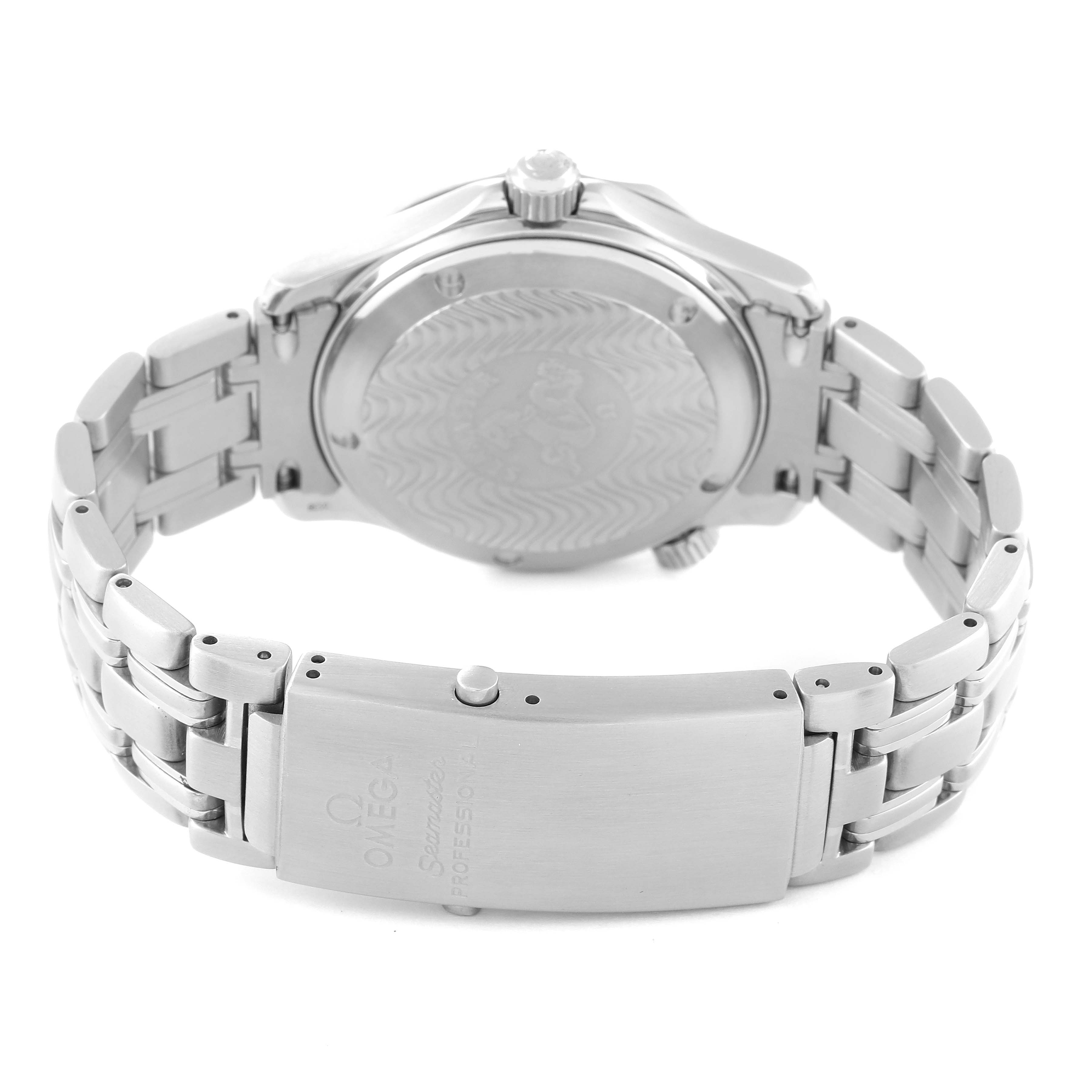 The image shows the back view of an Omega Seamaster 2562.80.00 Men's Stainless Steel Blue Dial 2562.80.00 Men's Stainless Steel Blue Dial watch, highlighting the case back, crown, and bracelet.