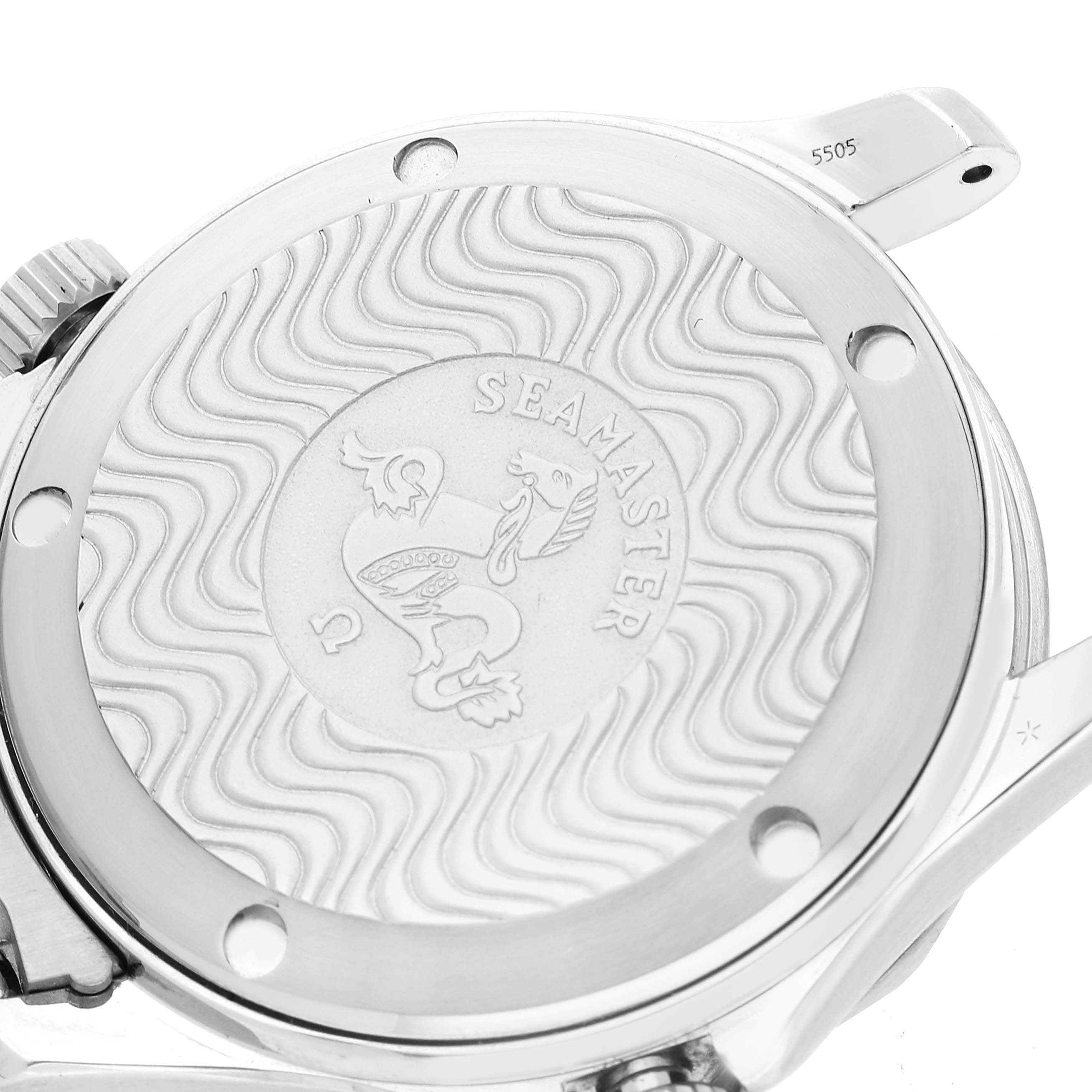 The image shows the case back of an Omega Seamaster 2562.80.00 Men's Stainless Steel Blue Dial 2562.80.00 Men's Stainless Steel Blue Dial watch, featuring its engraved logo and wave design.