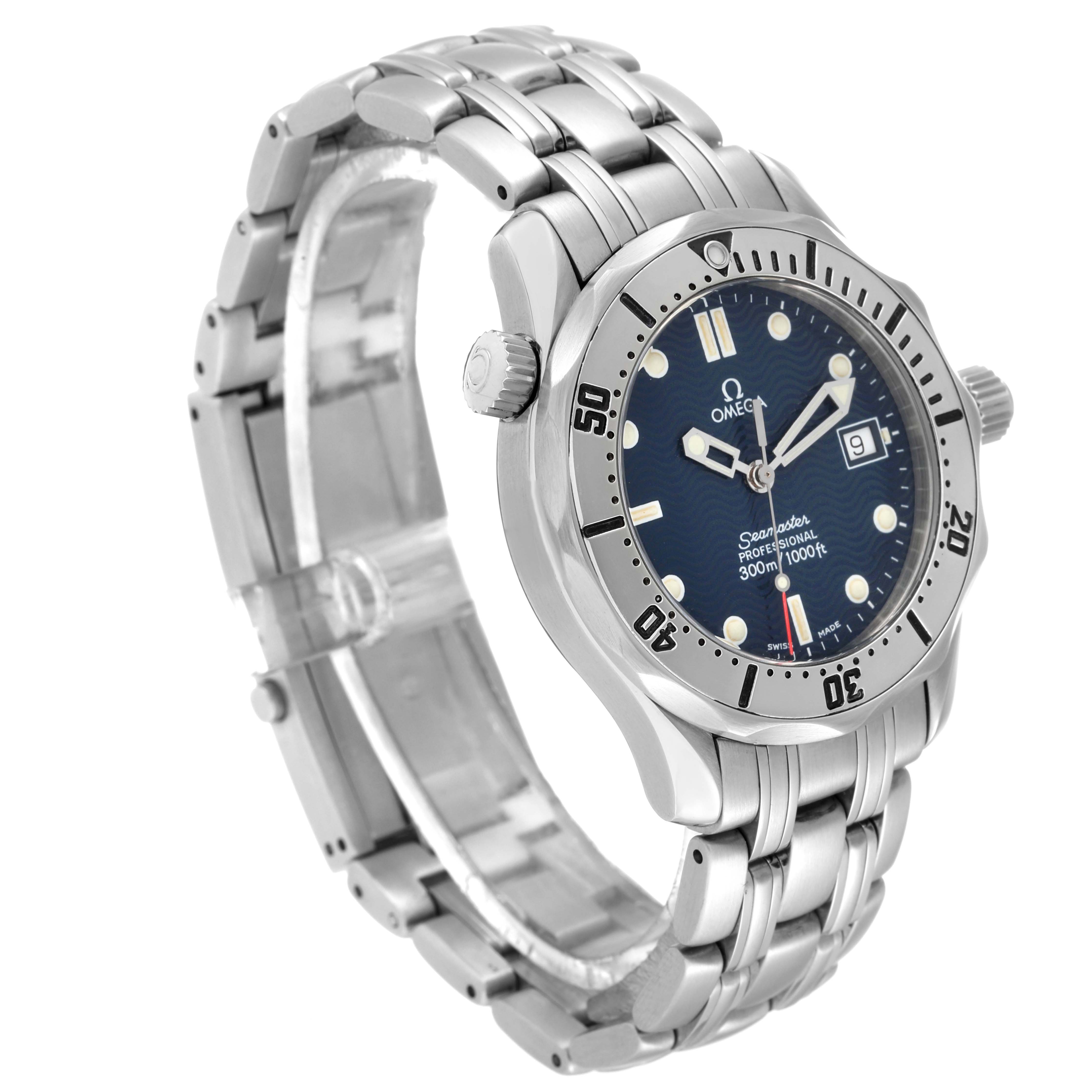 The image shows an angled view of the Omega Seamaster 2562.80.00 Men's Stainless Steel Blue Dial 2562.80.00 Men's Stainless Steel Blue Dial, highlighting the dial, bezel, crown, and stainless steel bracelet.