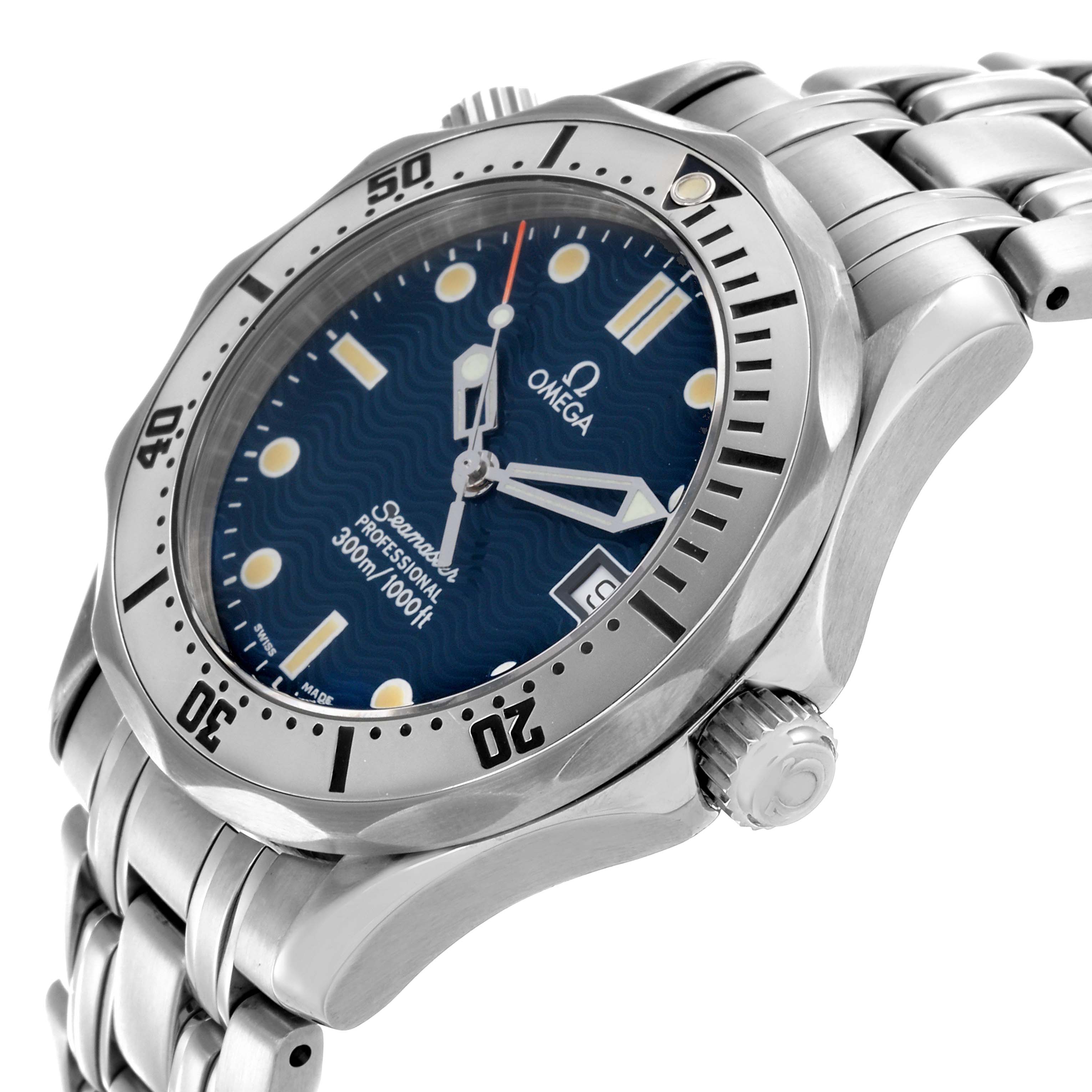 The Omega Seamaster 2562.80.00 Men
s Stainless Steel Blue Dial 2562.80.00 Men
s Stainless Steel Blue Dial watch is shown from a side angle, highlighting the dial, bezel, crown, and bracelet.