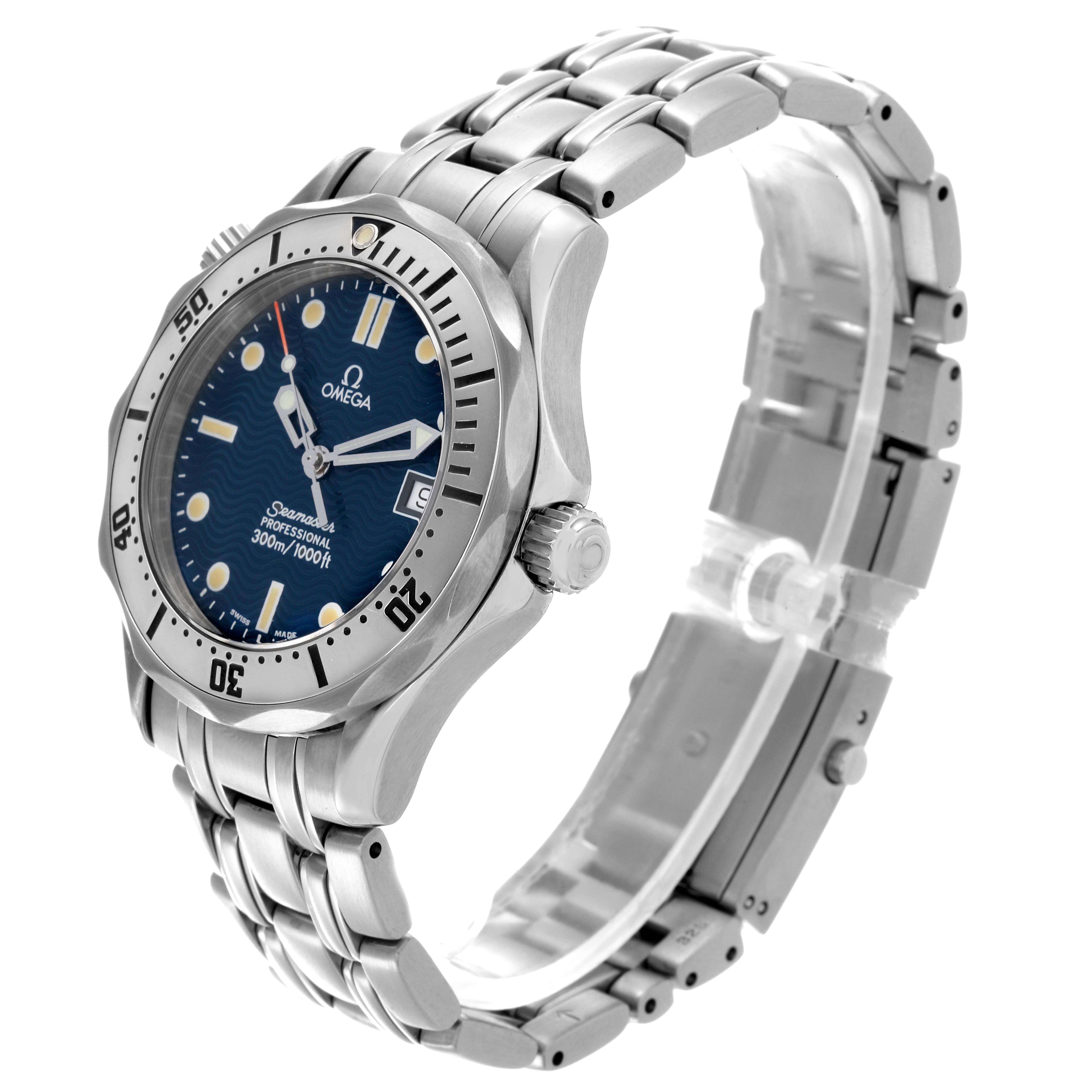 The Omega Seamaster 2562.80.00 Men
s Stainless Steel Blue Dial 2562.80.00 Men
s Stainless Steel Blue Dial is shown at a three-quarter angle, displaying the face, bezel, crown, and bracelet.