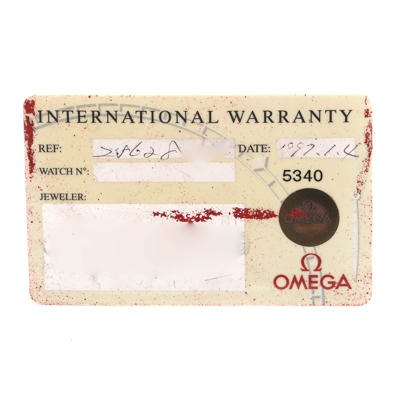 The image shows an Omega Seamaster 2562.80.00 Men
s Stainless Steel Blue Dial 2562.80.00 Men
s Stainless Steel Blue Dial International Warranty card.