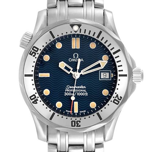 The Omega Seamaster watch is shown from a front angle, displaying its dial, bezel, and part of the bracelet.