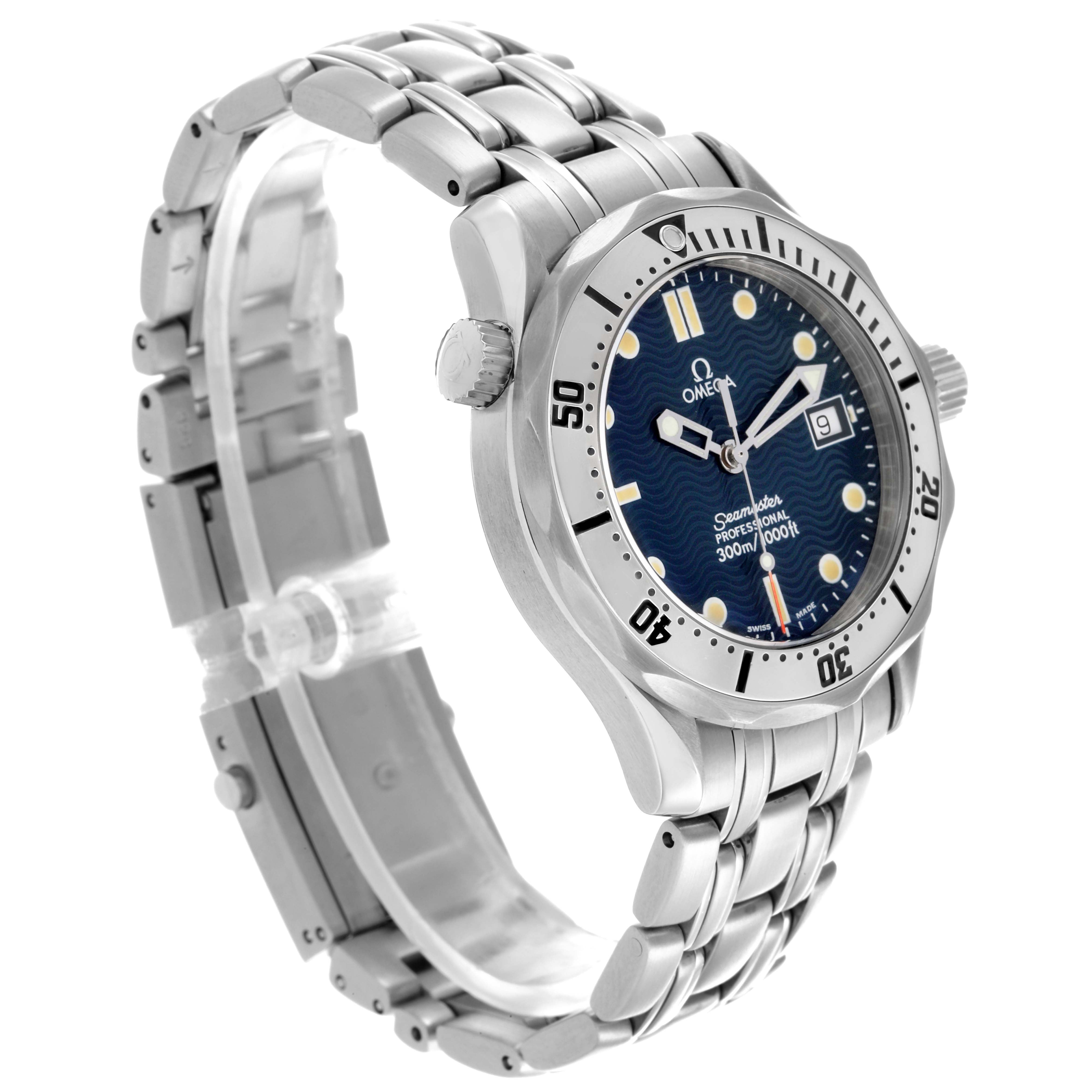 The Omega Seamaster 2562.80.00 Men
s Stainless Steel Blue Dial 2562.80.00 Men
s Stainless Steel Blue Dial is shown from a slight side angle, highlighting the dial, bezel, crown, and bracelet.