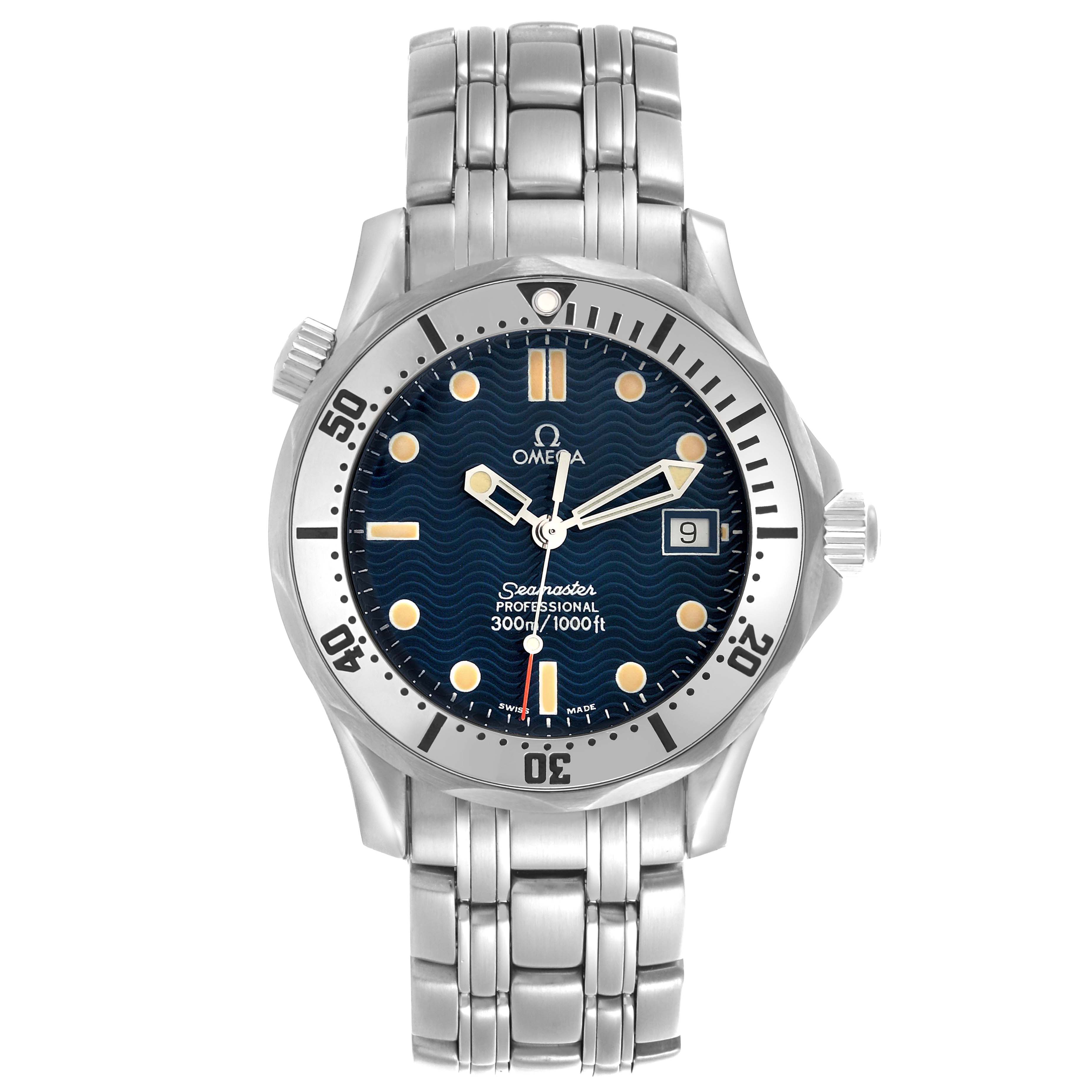 The Omega Seamaster 2562.80.00 Men
s Stainless Steel Blue Dial 2562.80.00 Men
s Stainless Steel Blue Dial is shown from the front, displaying the dial, bezel, and stainless steel bracelet.