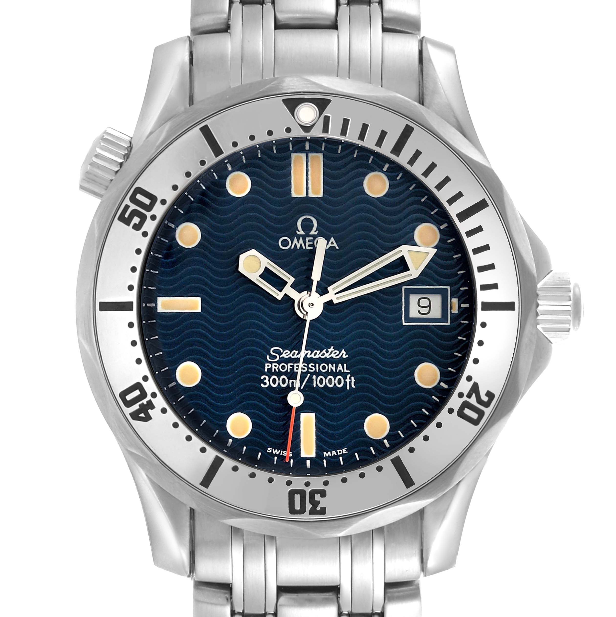 The Omega Seamaster 2562.80.00 Men
s Stainless Steel Blue Dial 2562.80.00 Men
s Stainless Steel Blue Dial watch is shown from the front, highlighting the face, bezel, and part of the bracelet.