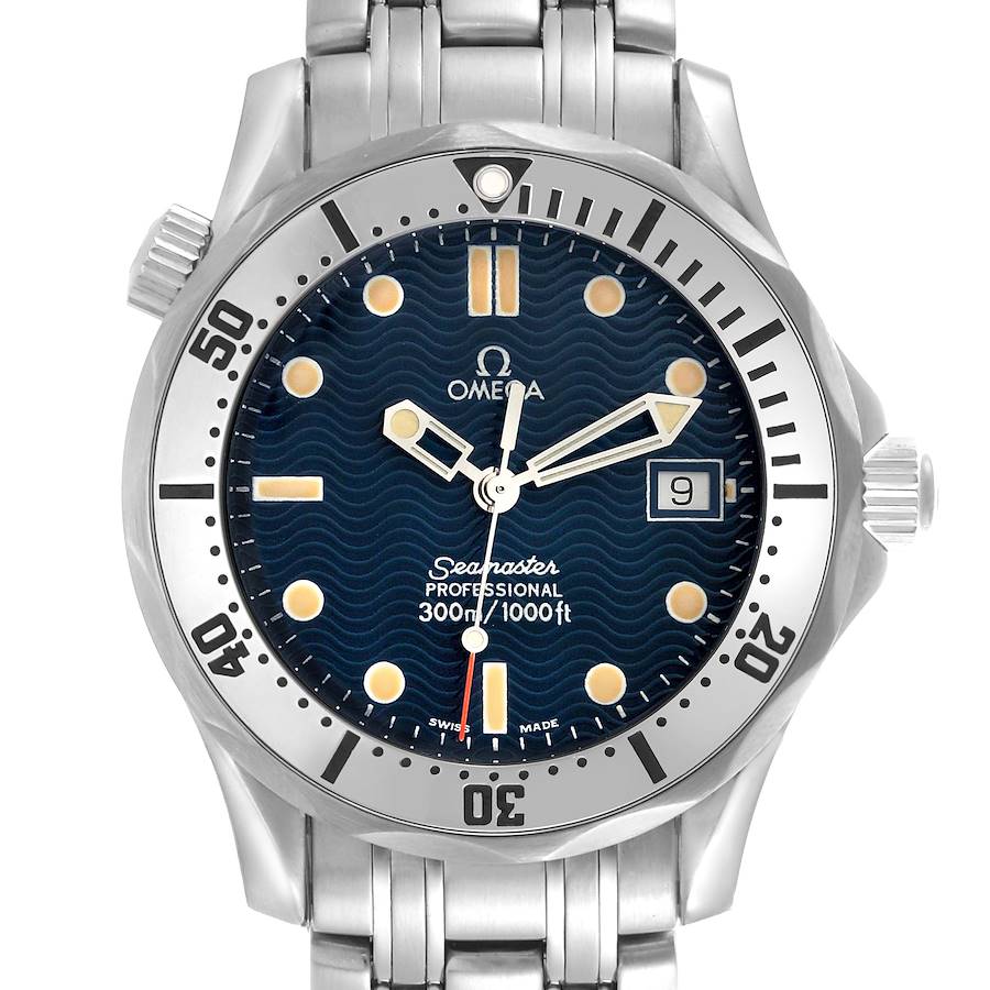 The Omega Seamaster watch is shown from the front, highlighting the face, bezel, and part of the bracelet.