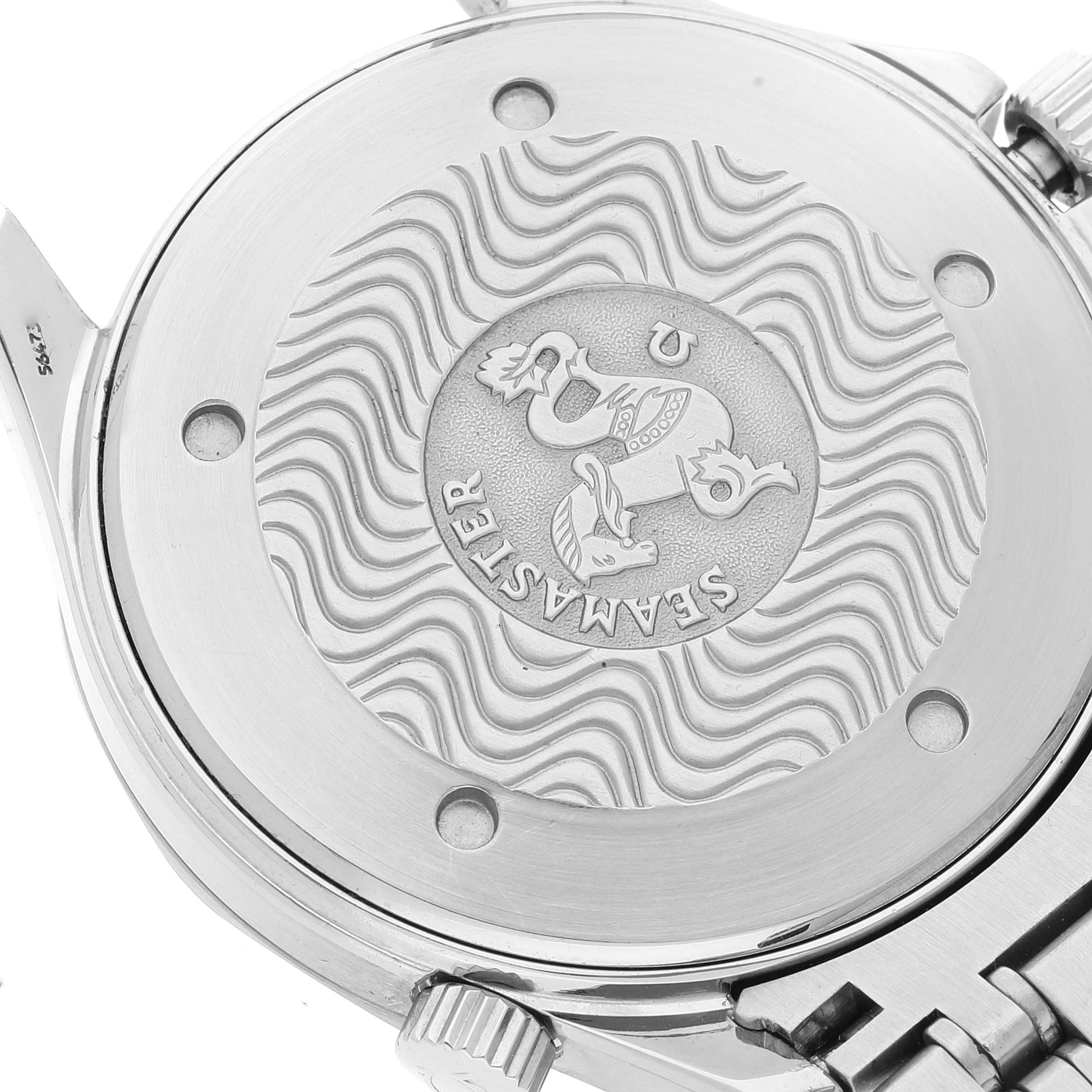 The image shows the case back of an Omega Seamaster 2541.80.00 Men's Stainless Steel Blue Dial 2541.80.00 Men's Stainless Steel Blue Dial watch, featuring a wave pattern and the Seamaster logo.