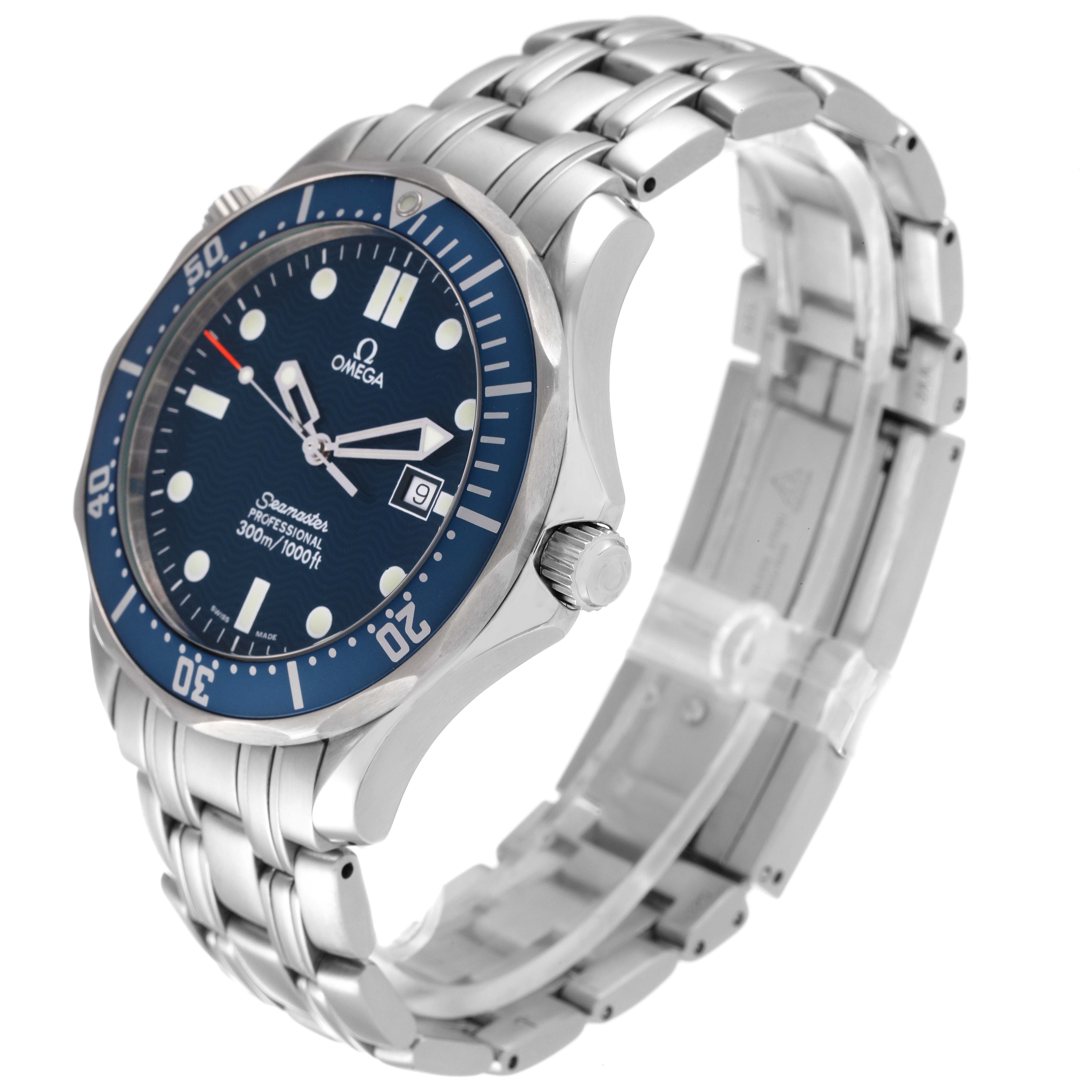 The Omega Seamaster 2541.80.00 Men's Stainless Steel Blue Dial 2541.80.00 Men's Stainless Steel Blue Dial watch is shown at a three-quarter angle, displaying the face, bezel, case, crown, and stainless steel bracelet.