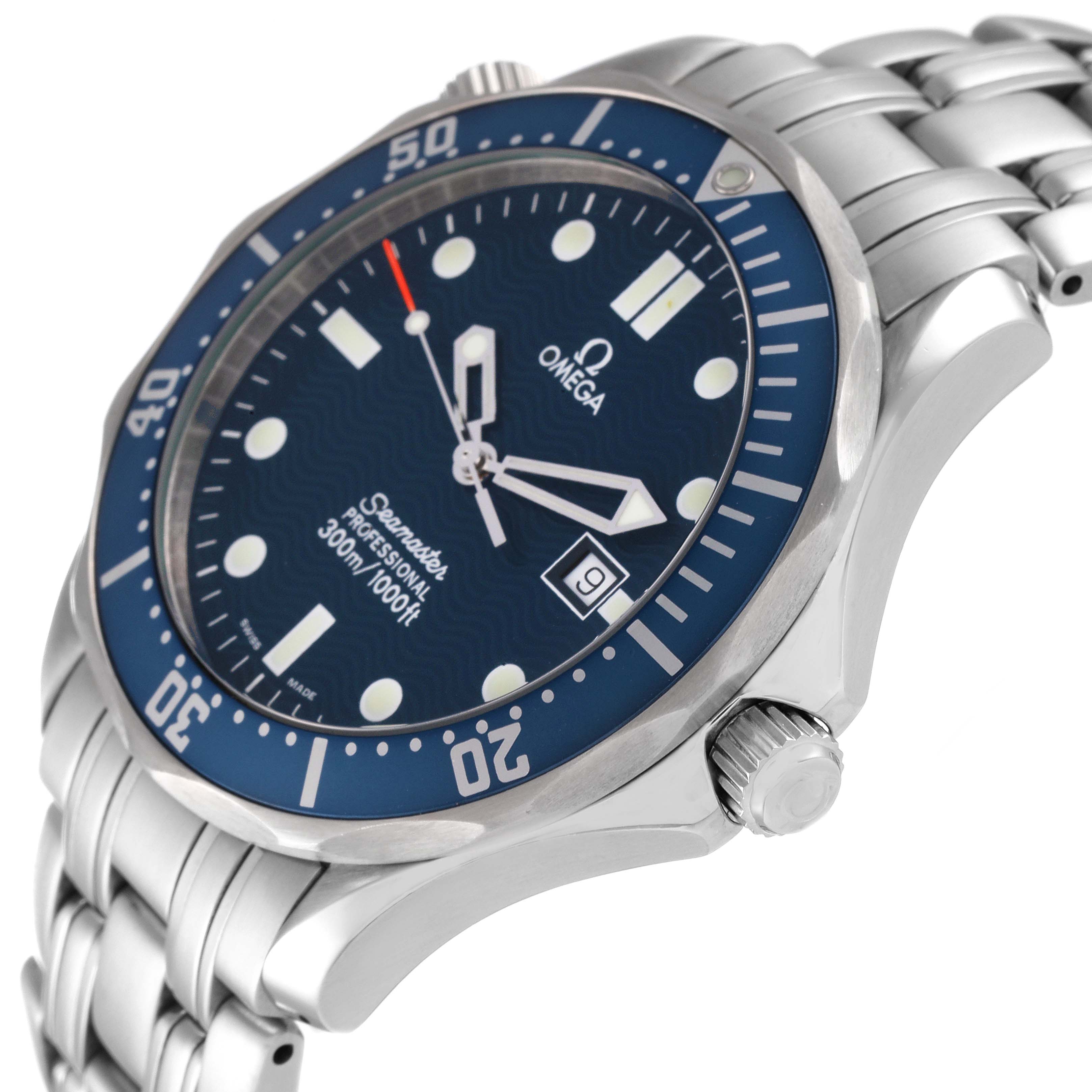 The Omega Seamaster 2541.80.00 Men's Stainless Steel Blue Dial 2541.80.00 Men's Stainless Steel Blue Dial watch is shown at a three-quarter angle, highlighting the bezel, dial, crown, and bracelet.