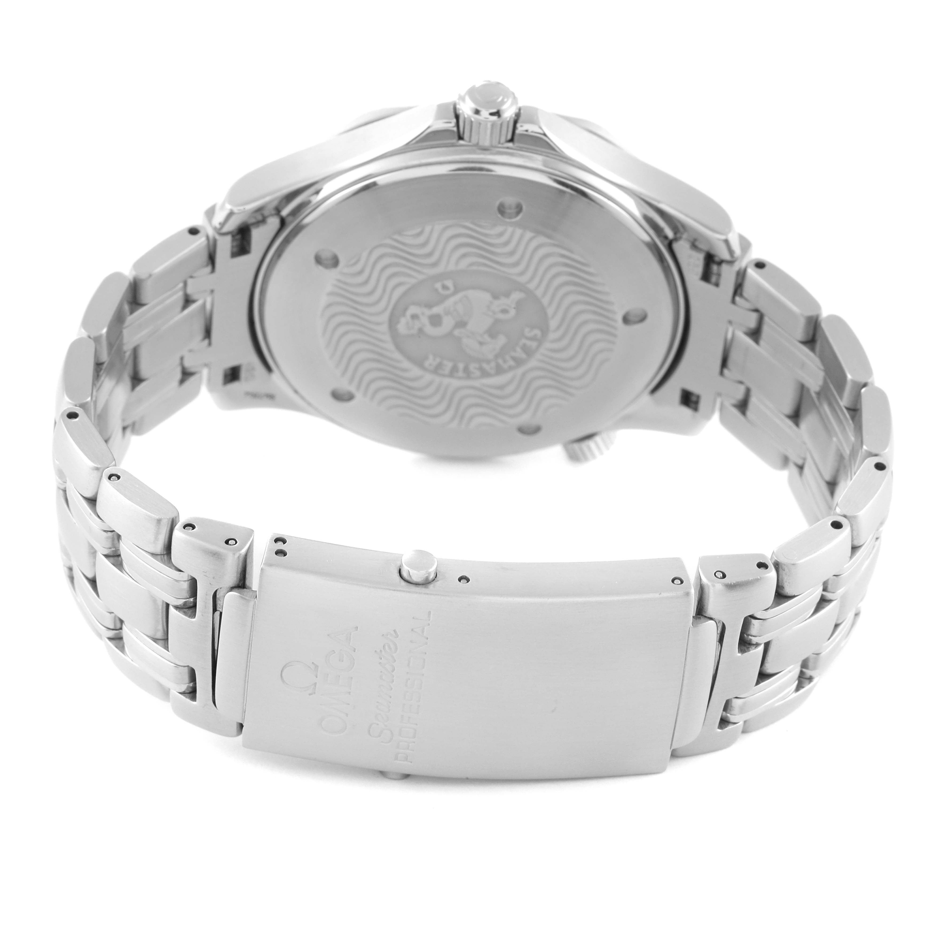 The image shows the back case and bracelet of an Omega Seamaster 2541.80.00 Men's Stainless Steel Blue Dial 2541.80.00 Men's Stainless Steel Blue Dial watch, including the clasp with engraved branding.