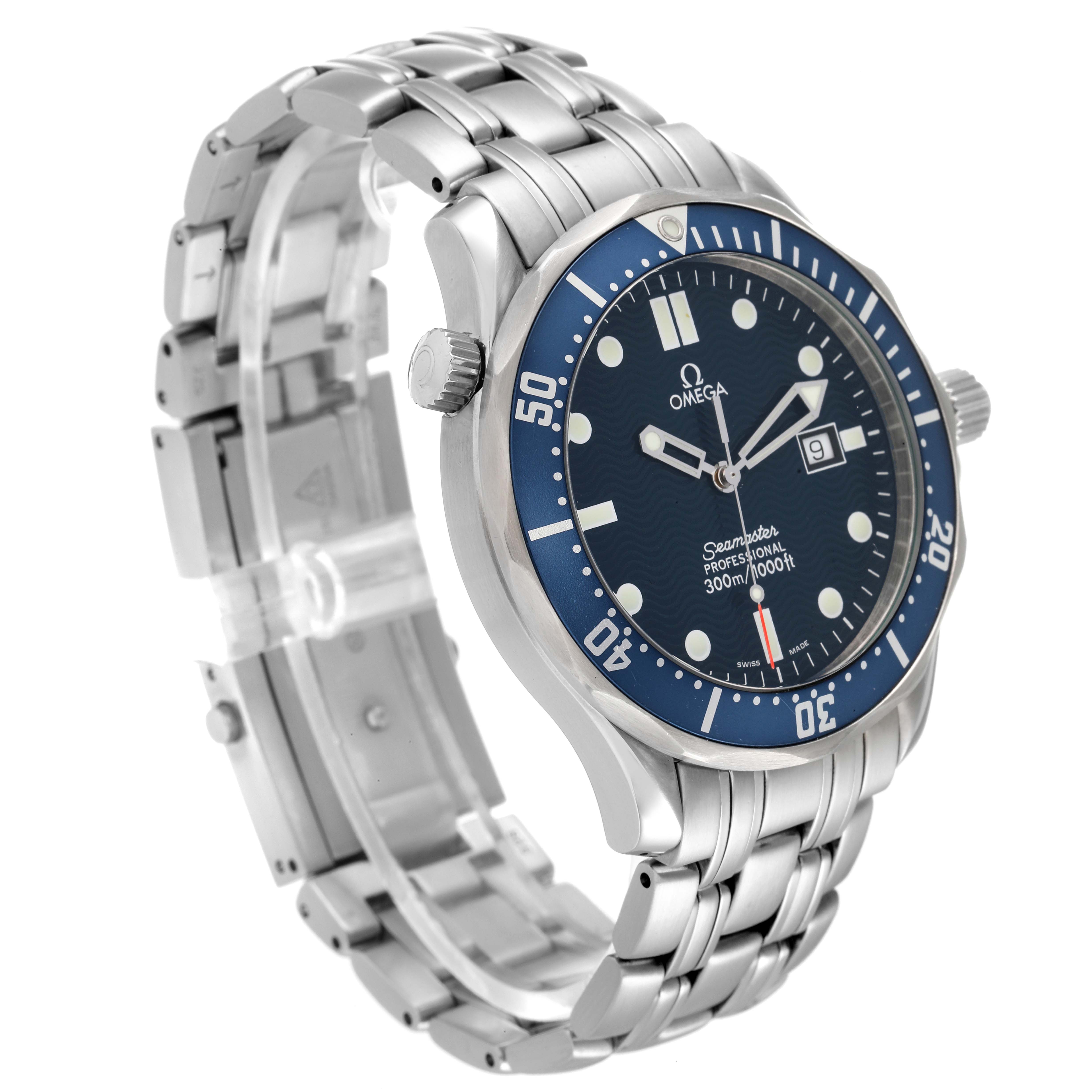 The Omega Seamaster 2541.80.00 Men's Stainless Steel Blue Dial 2541.80.00 Men's Stainless Steel Blue Dial watch is shown at a three-quarter angle, highlighting the dial, bezel, crown, and stainless steel bracelet.
