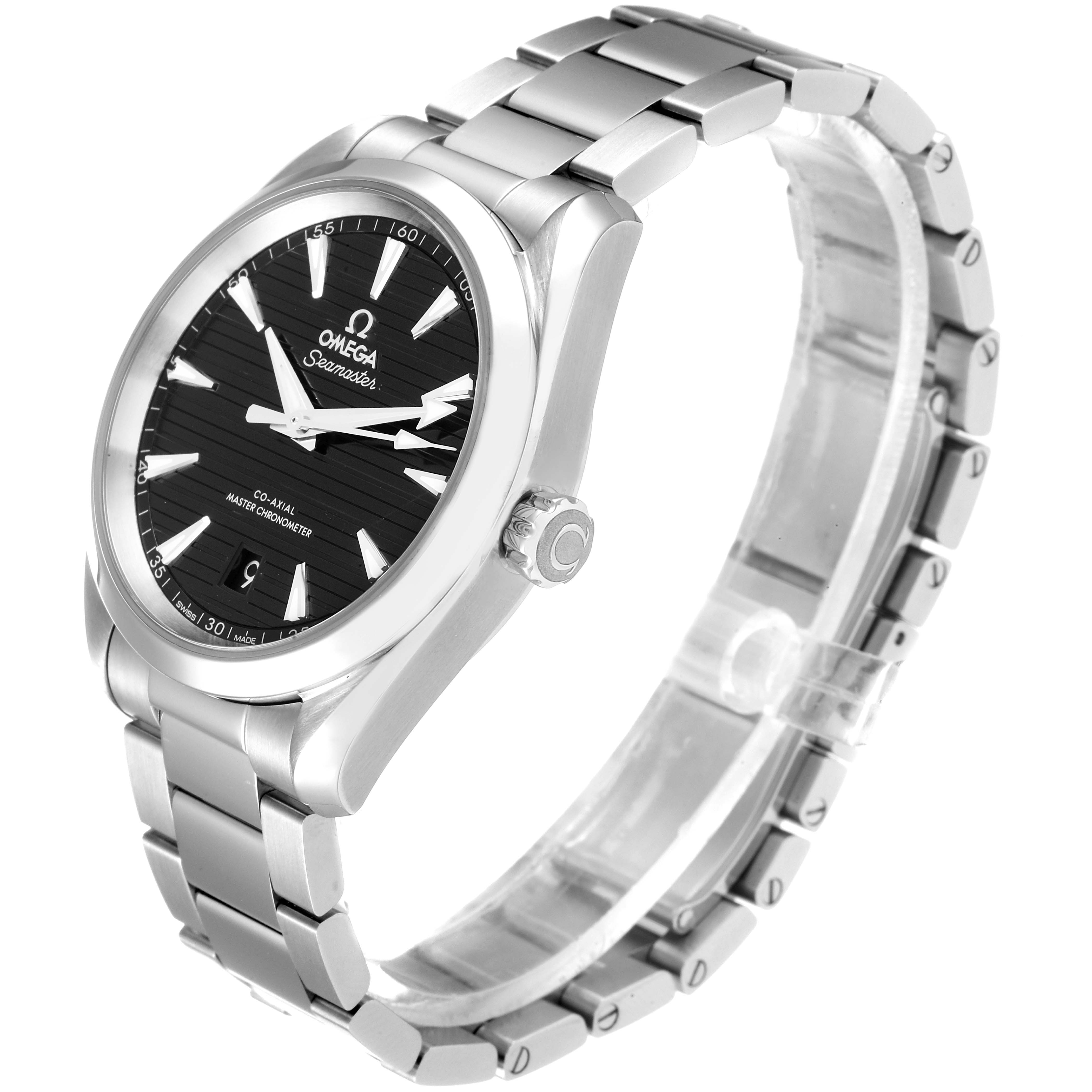 This image shows a side view of the Omega Aqua Terra 220.10.38.20.01.001 Men's Stainless Steel Black Dial 220.10.38.20.01.001 Men's Stainless Steel Black Dial watch, highlighting the black dial, stainless steel case, and bracelet.