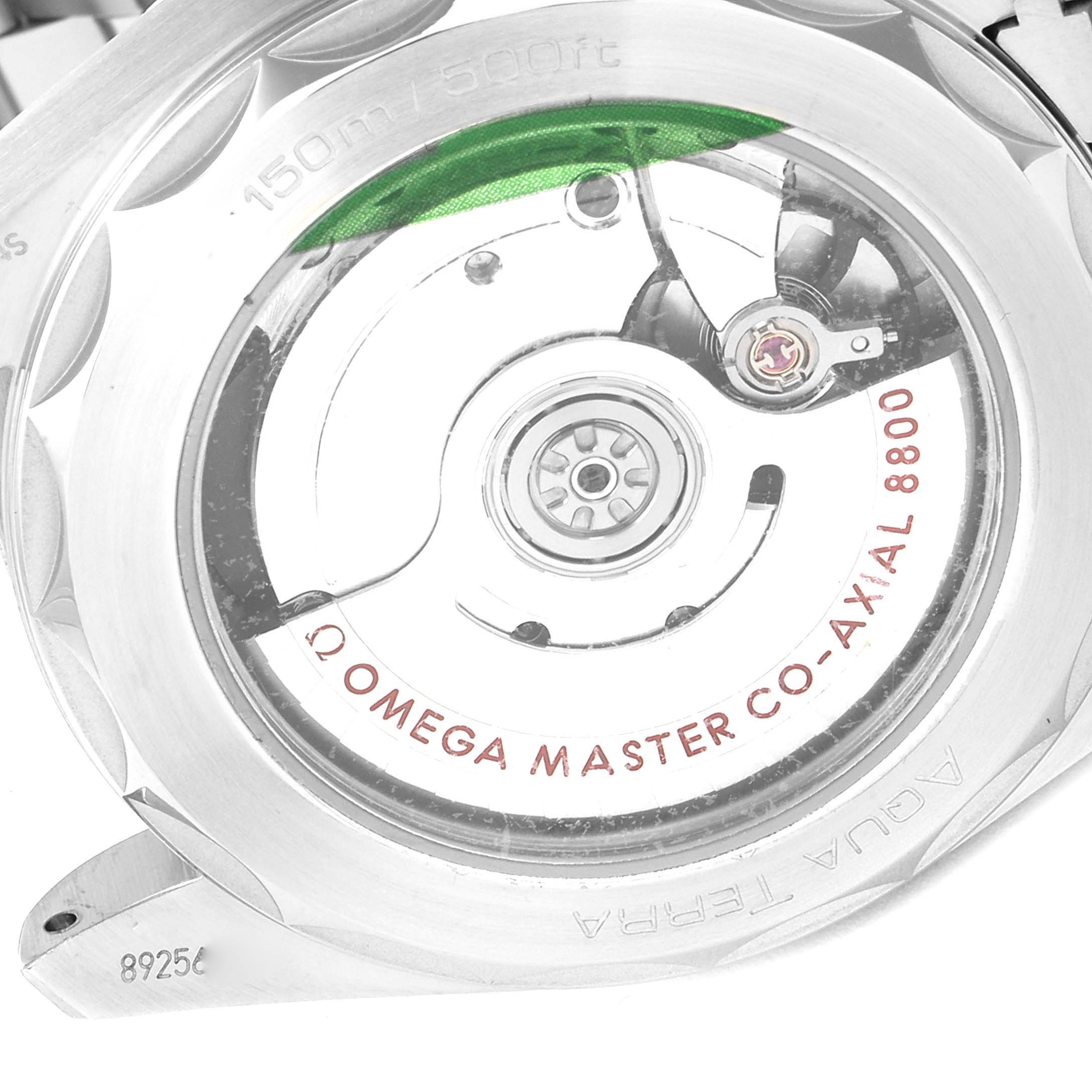 The image shows the back view of the Omega Aqua Terra 220.10.38.20.01.001 Men's Stainless Steel Black Dial 220.10.38.20.01.001 Men's Stainless Steel Black Dial watch, highlighting the Omega Master Co-Axial 8800 movement.