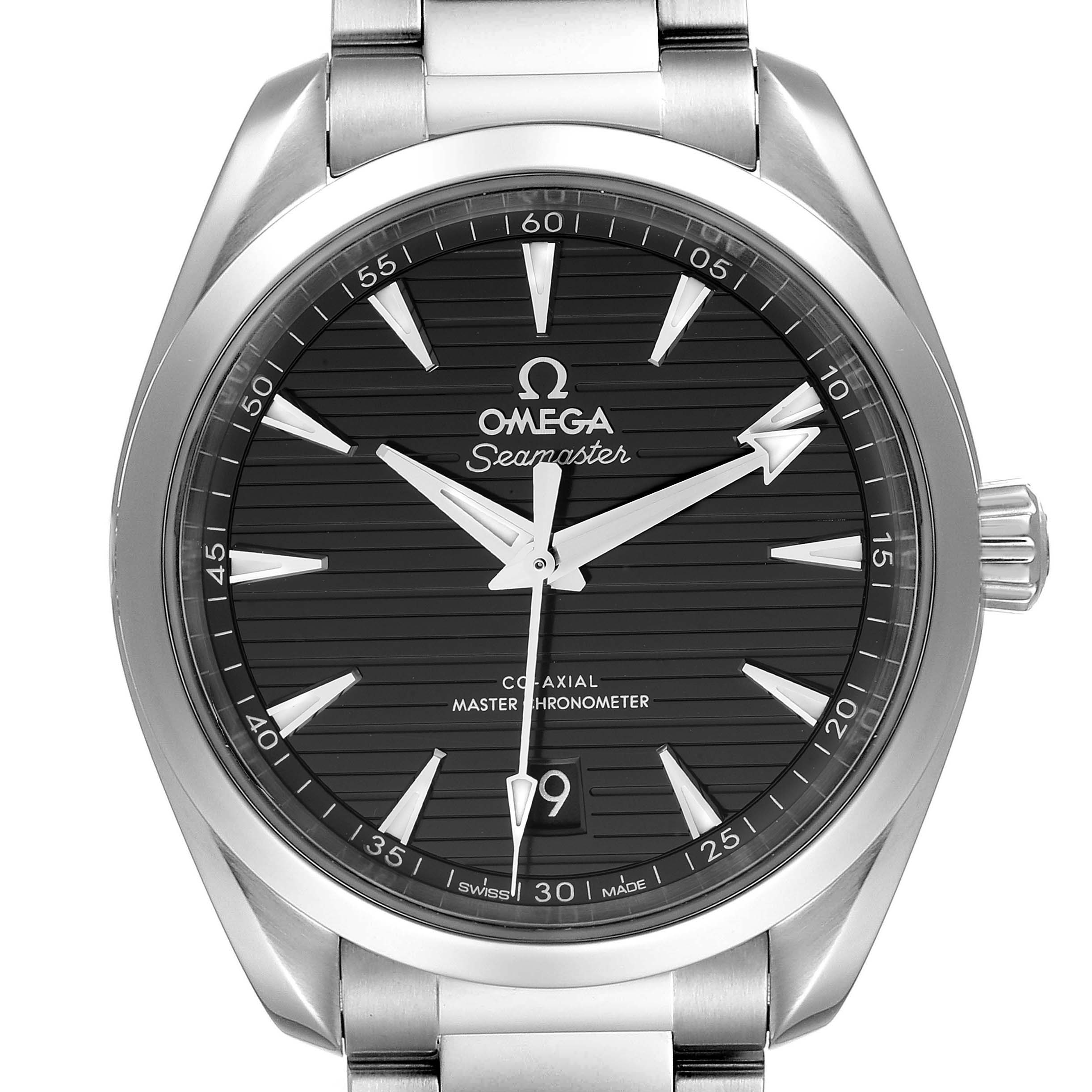 A frontal view of the Omega Aqua Terra 220.10.38.20.01.001 Men's Stainless Steel Black Dial 220.10.38.20.01.001 Men's Stainless Steel Black Dial Seamaster watch, showing the face, hour markers, and metal bracelet.