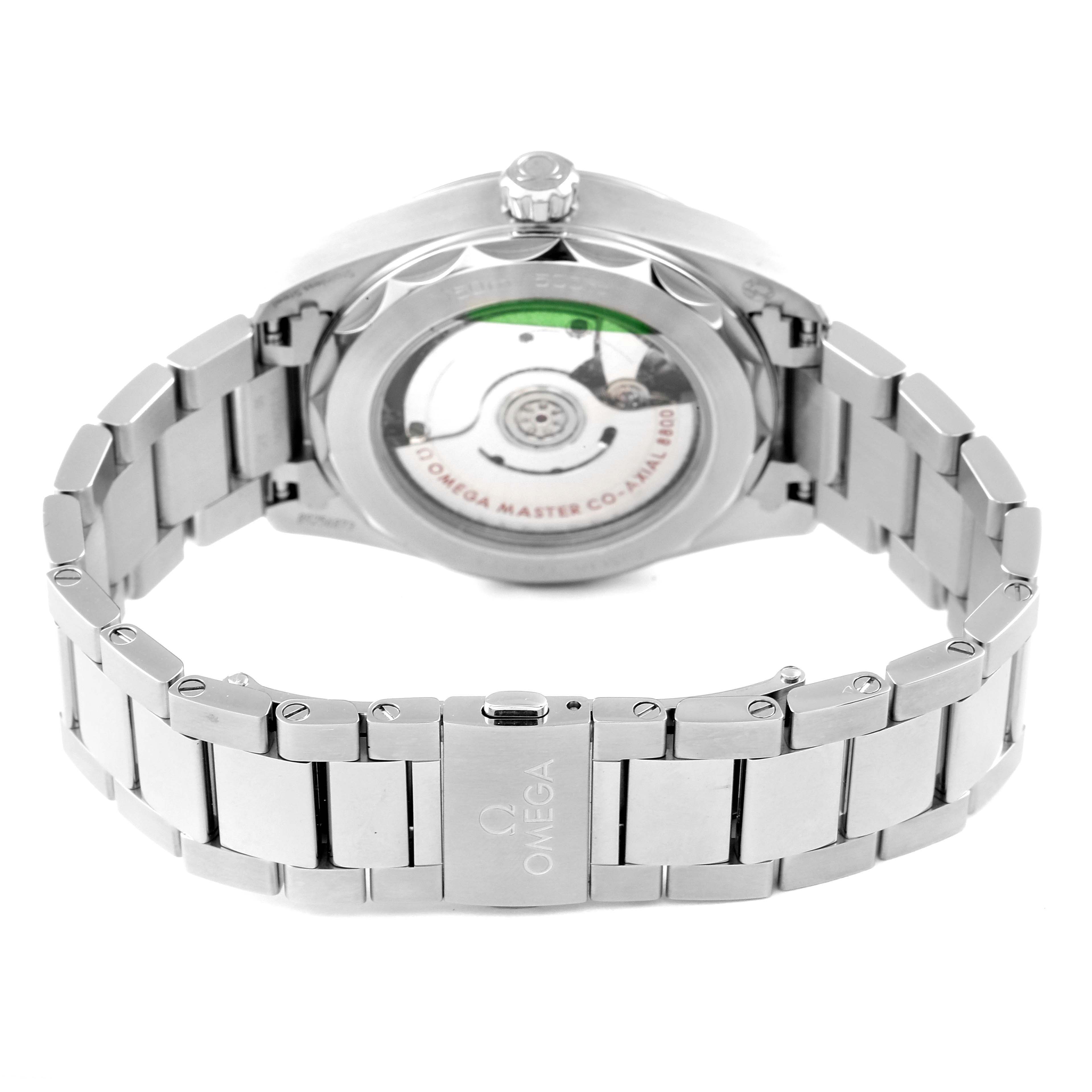 This image shows the back view of the Omega Aqua Terra 220.10.38.20.01.001 Men's Stainless Steel Black Dial 220.10.38.20.01.001 Men's Stainless Steel Black Dial watch, highlighting its bracelet and transparent case back.