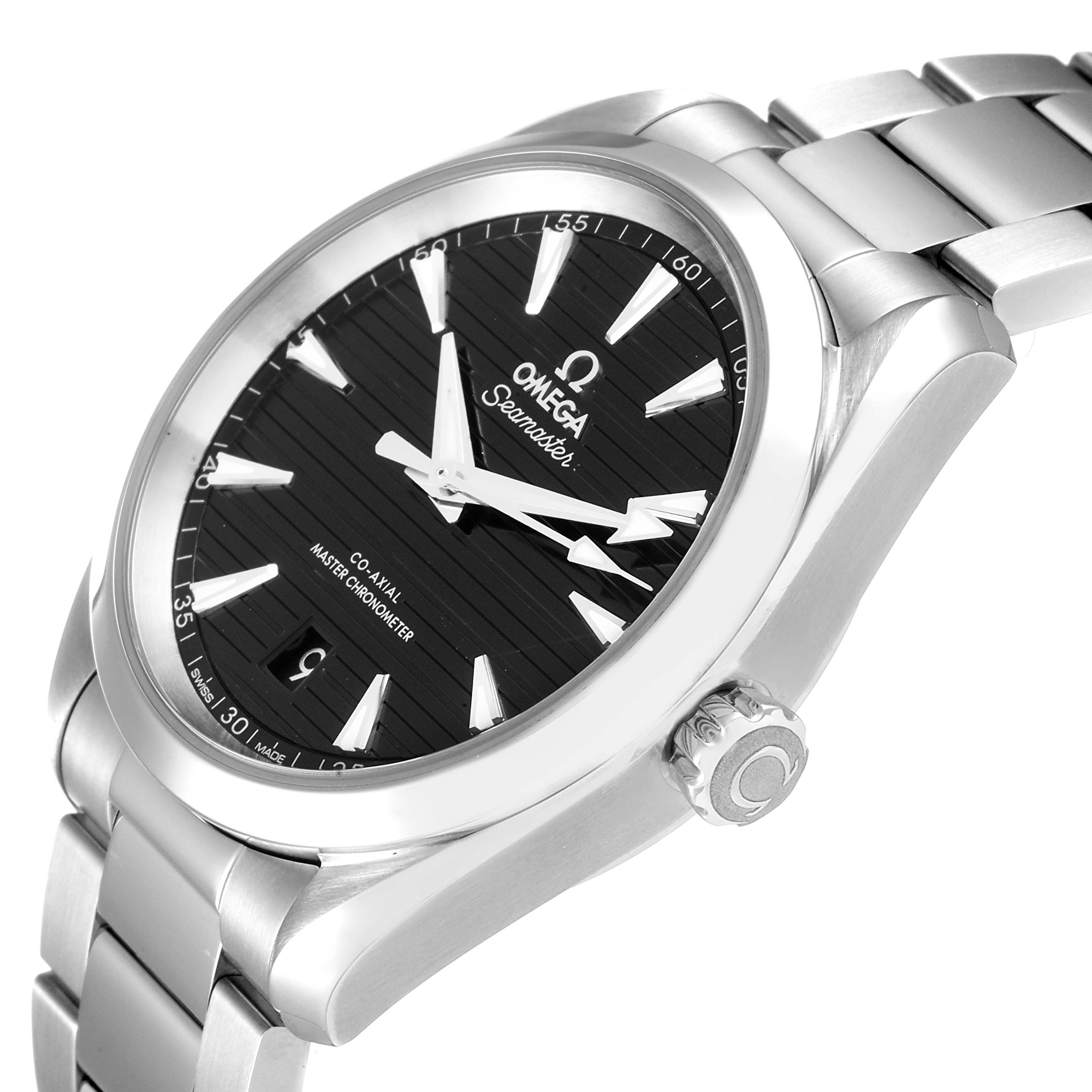 The image shows the Omega Aqua Terra 220.10.38.20.01.001 Men's Stainless Steel Black Dial 220.10.38.20.01.001 Men's Stainless Steel Black Dial watch at an angle highlighting the face, crown, and part of the metal bracelet.