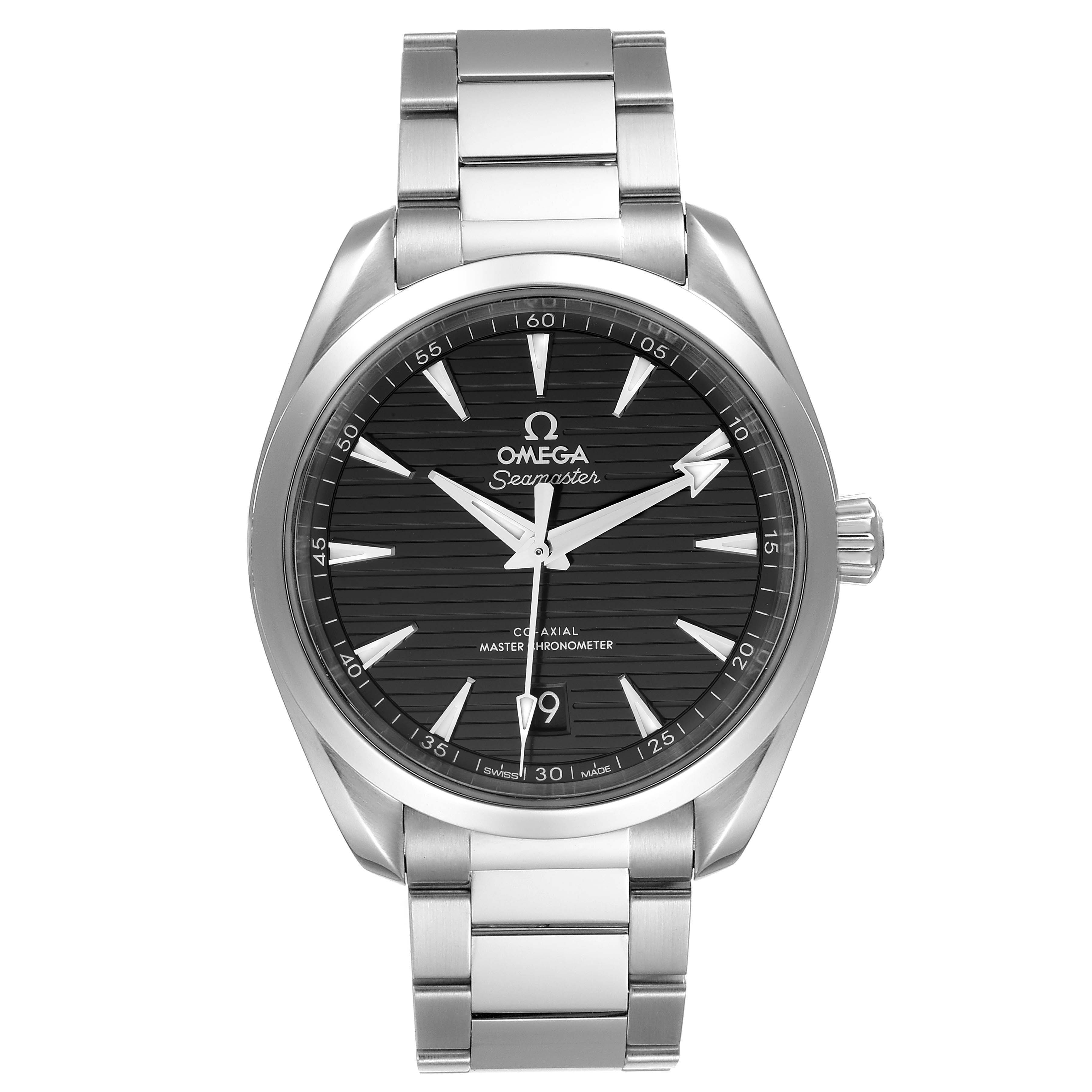 This is an Omega Aqua Terra 220.10.38.20.01.001 Men's Stainless Steel Black Dial 220.10.38.20.01.001 Men's Stainless Steel Black Dial watch shown from a front angle, displaying its face, hands, and bracelet.