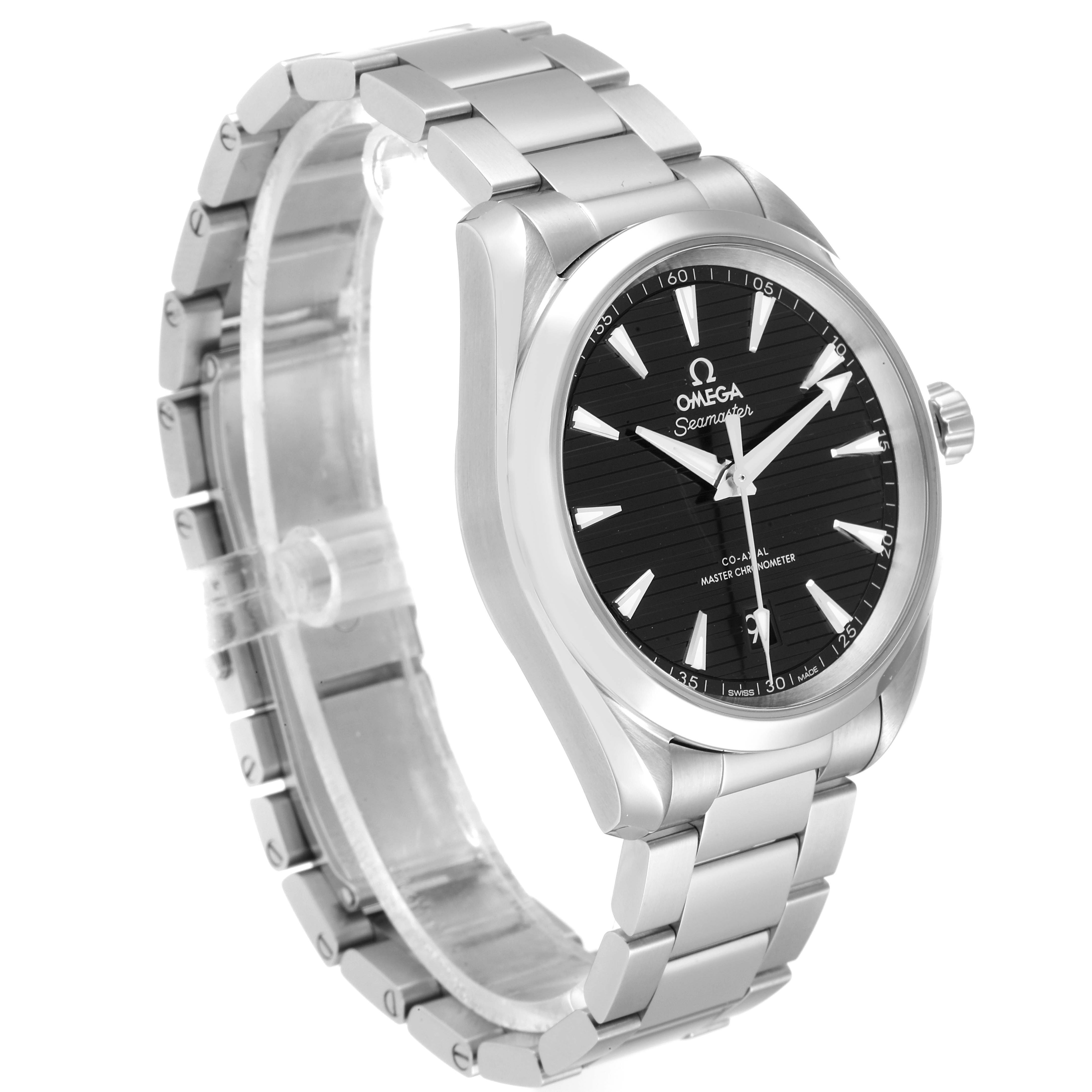 The Omega Aqua Terra 220.10.38.20.01.001 Men's Stainless Steel Black Dial 220.10.38.20.01.001 Men's Stainless Steel Black Dial watch is shown at a slight angle highlighting the face, bezel, crown, and stainless steel bracelet.