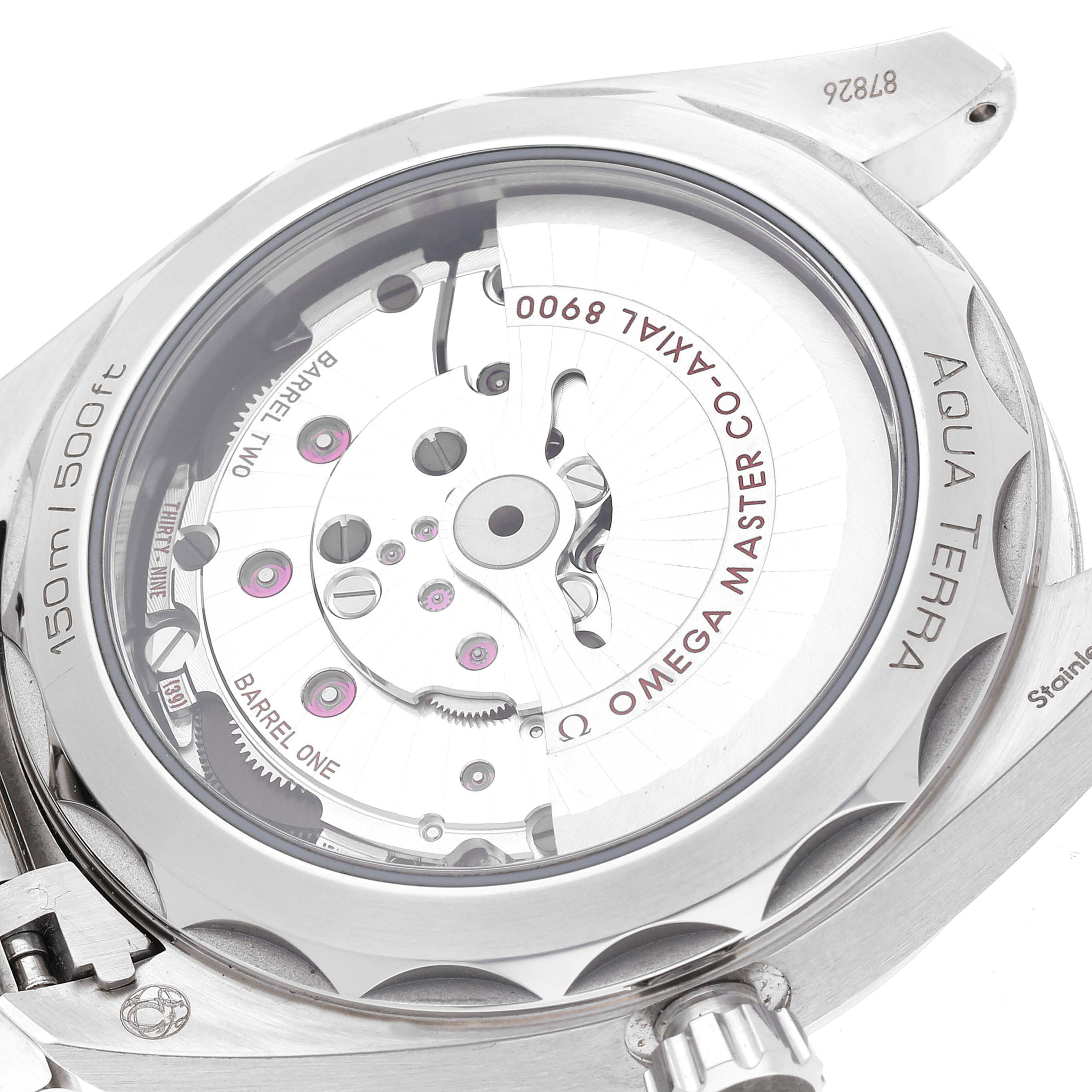 The image shows the back view of the Omega Aqua Terra 220.10.41.21.03.001 Men
s Stainless Steel Blue Dial 220.10.41.21.03.001 Men
s Stainless Steel Blue Dial watch, highlighting its open case back and intricate movement components.