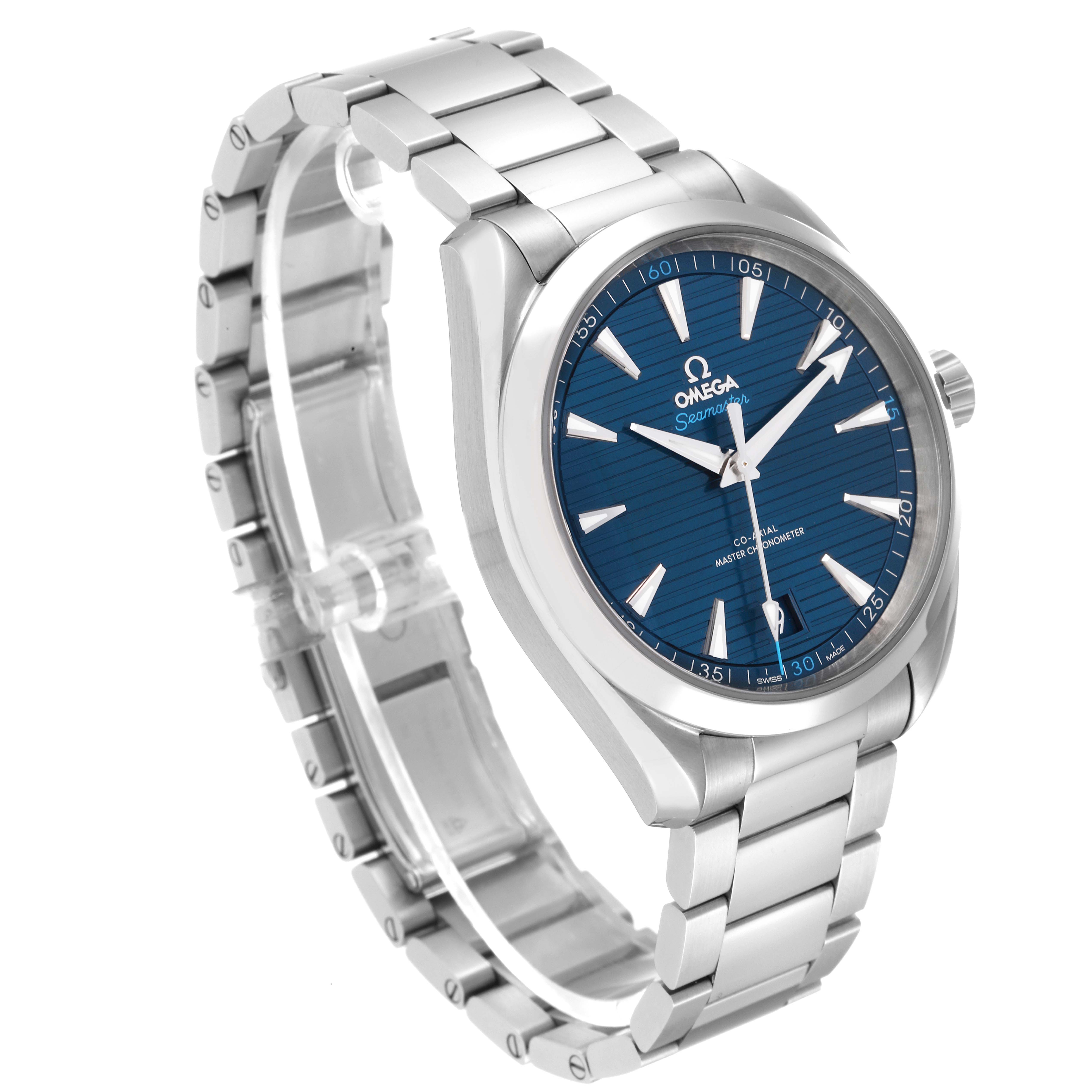 This image shows an angled front view of the Omega Aqua Terra 220.10.41.21.03.001 Men
s Stainless Steel Blue Dial 220.10.41.21.03.001 Men
s Stainless Steel Blue Dial watch, highlighting the dial, bezel, crown, and bracelet.