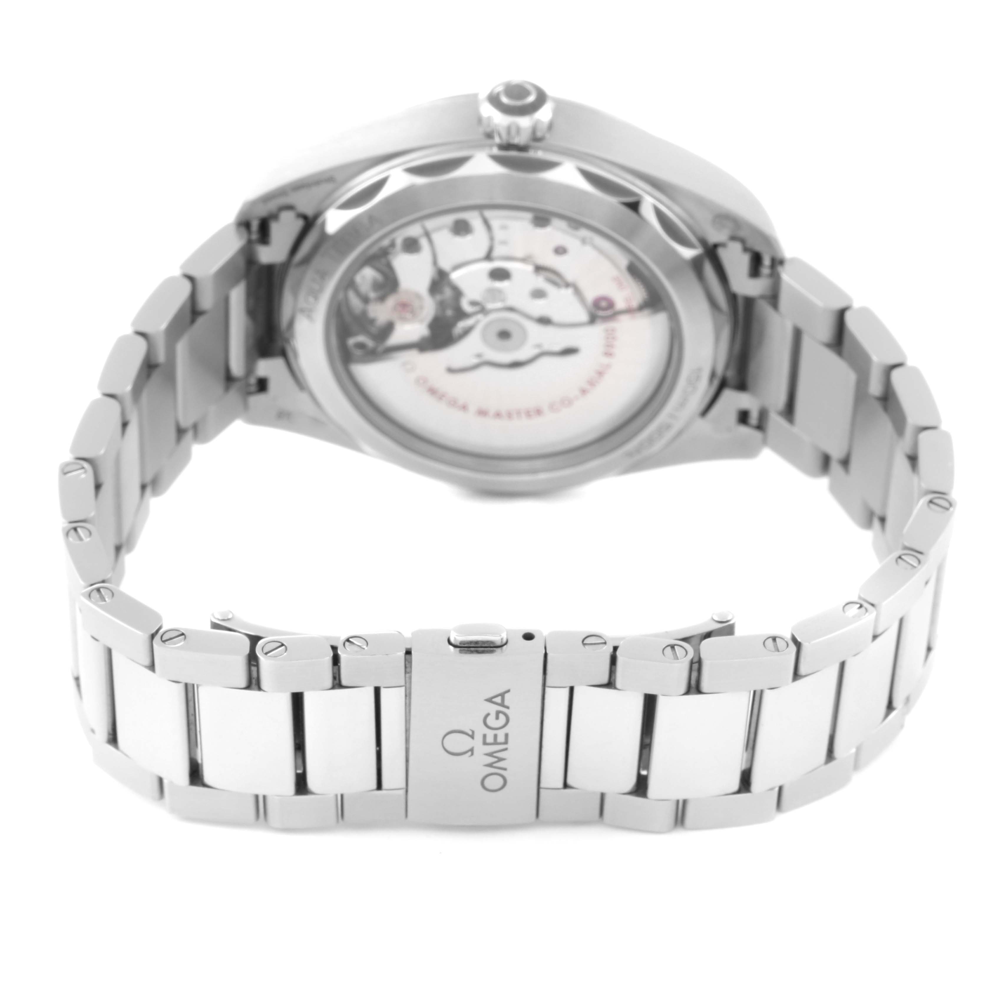 This image shows the underside of the Omega Aqua Terra 220.10.41.21.03.001 Men
s Stainless Steel Blue Dial 220.10.41.21.03.001 Men
s Stainless Steel Blue Dial watch, focusing on its bracelet and the back of the case.