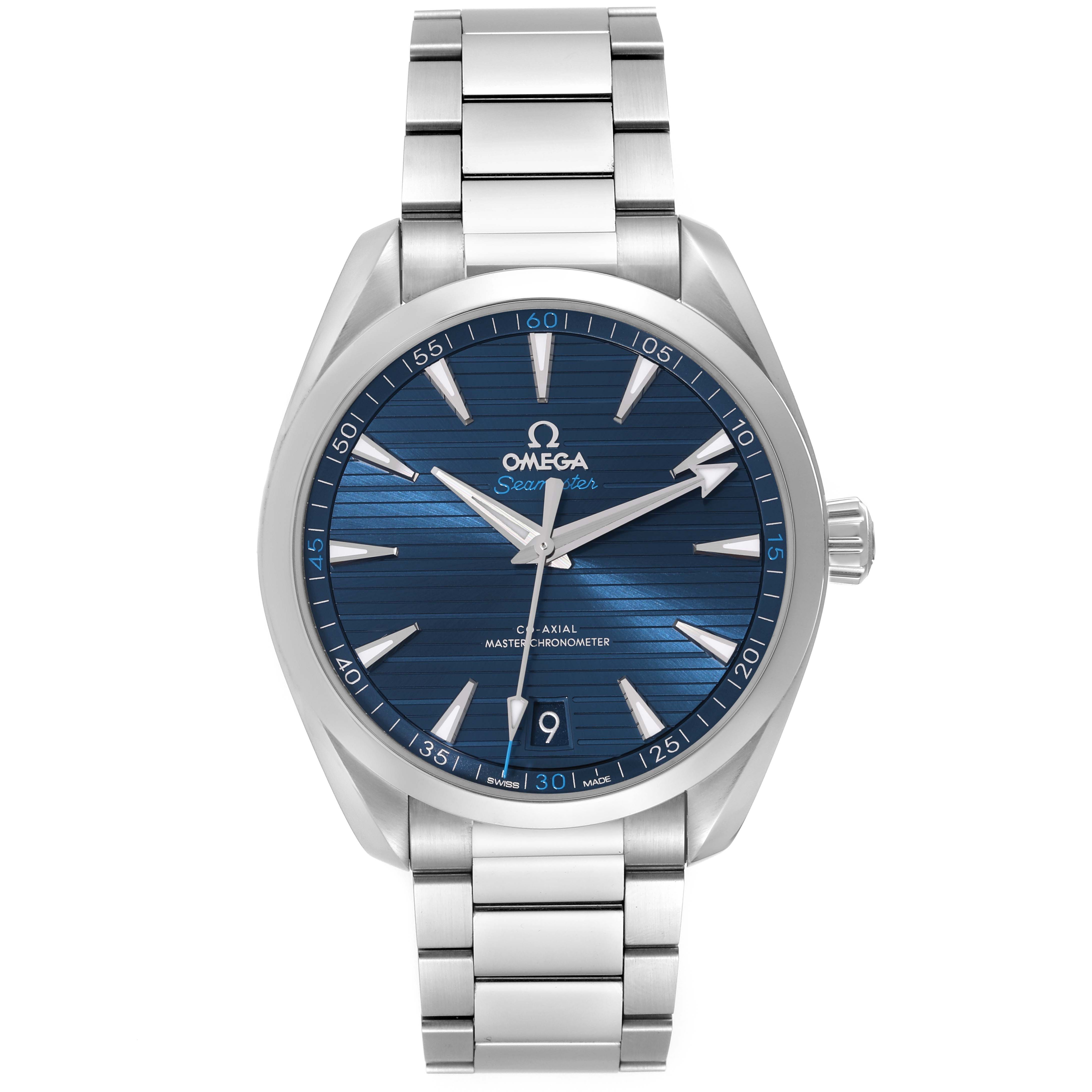 The image shows a front view of an Omega Seamaster Aqua Terra watch, highlighting the dial, bracelet, and crown.