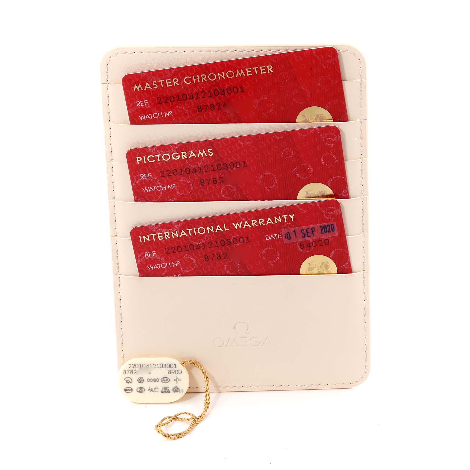 The image shows the warranty, pictogram, chronometer cards, and a tag for the Omega Aqua Terra 220.10.41.21.03.001 Men
s Stainless Steel Blue Dial 220.10.41.21.03.001 Men
s Stainless Steel Blue Dial model.