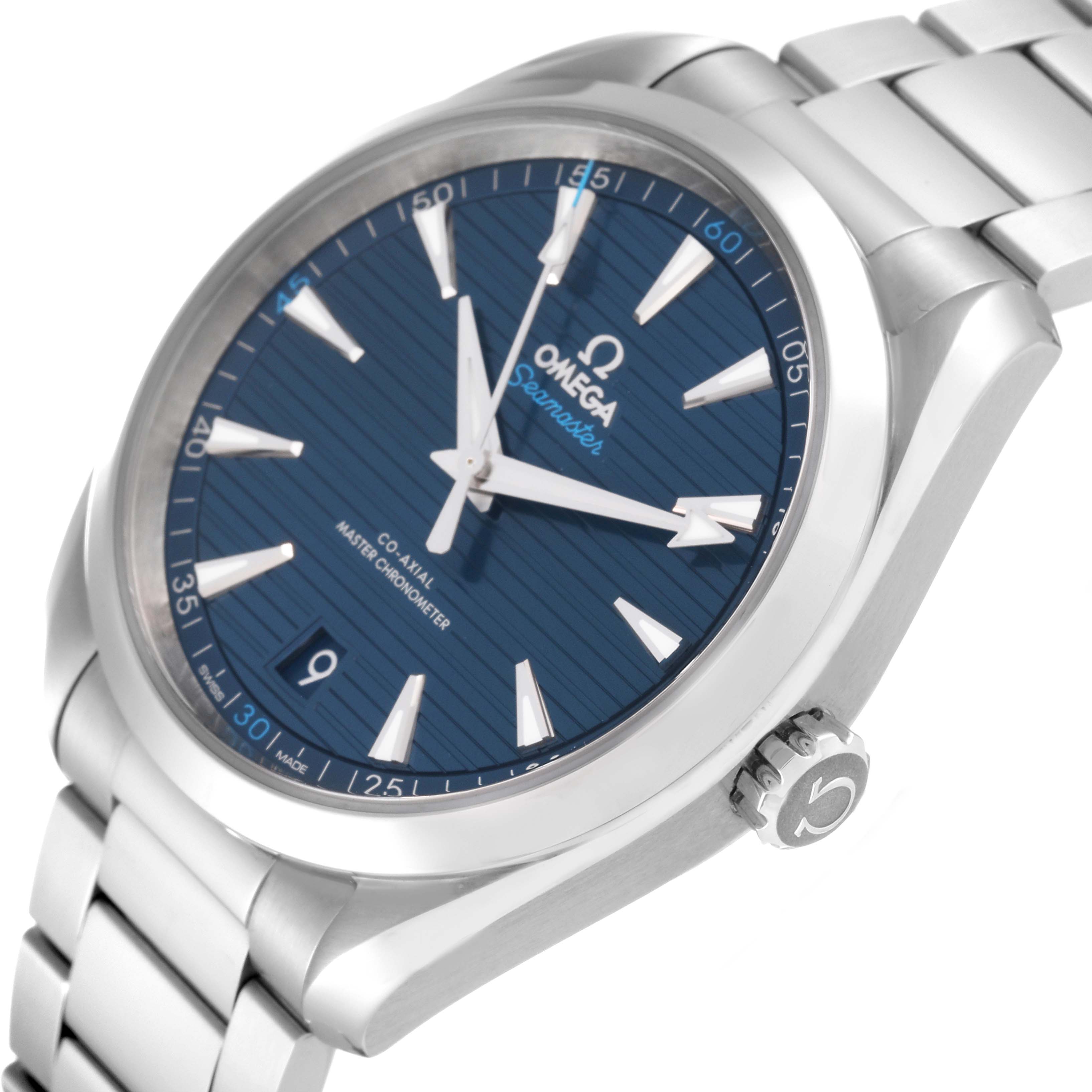 The image shows an angled view of the dial and part of the bracelet of the Omega Aqua Terra 220.10.41.21.03.001 Men
s Stainless Steel Blue Dial 220.10.41.21.03.001 Men
s Stainless Steel Blue Dial watch.