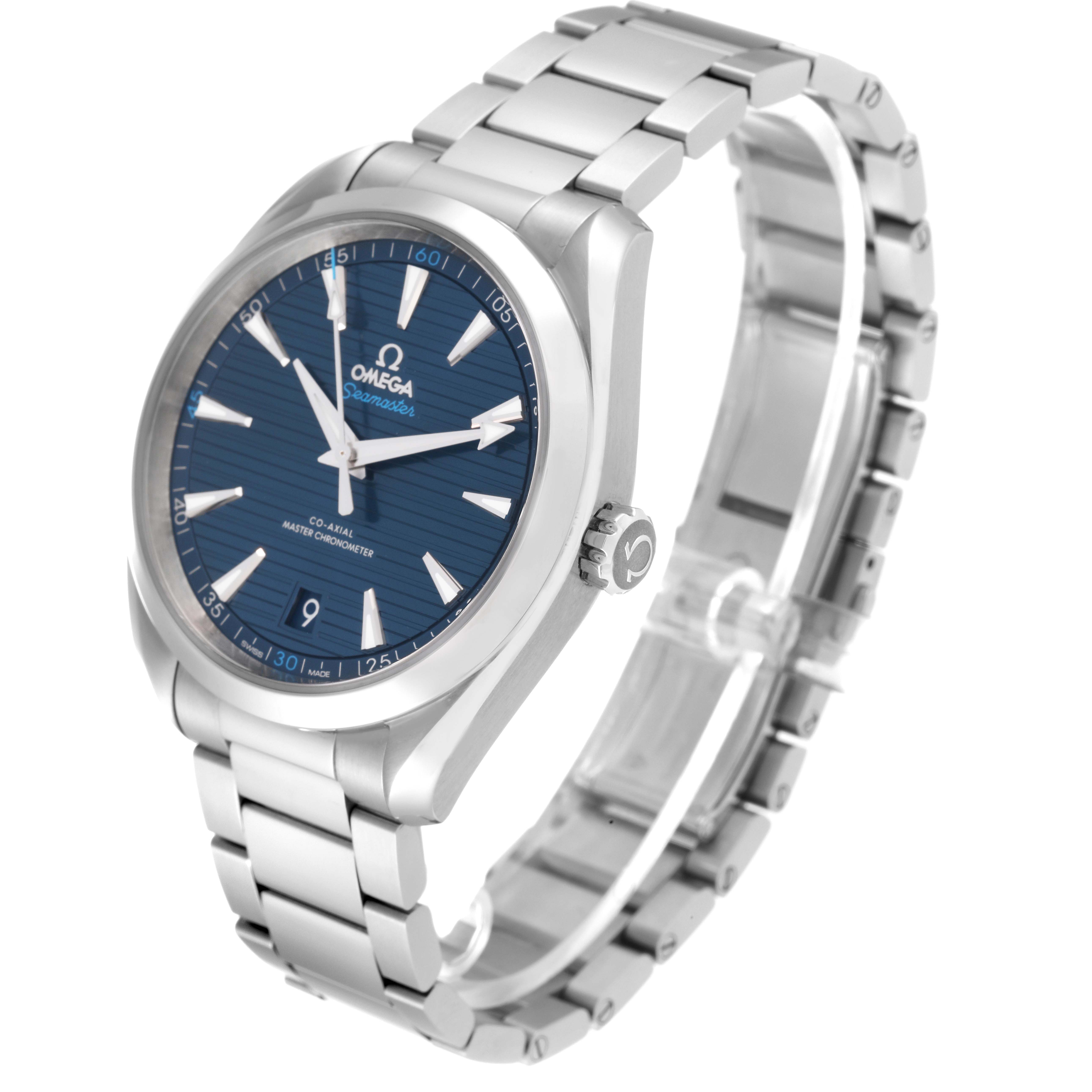 The image shows a side and front angle of the Omega Aqua Terra 220.10.41.21.03.001 Men
s Stainless Steel Blue Dial 220.10.41.21.03.001 Men
s Stainless Steel Blue Dial watch, displaying its blue dial, stainless steel case, and bracelet.