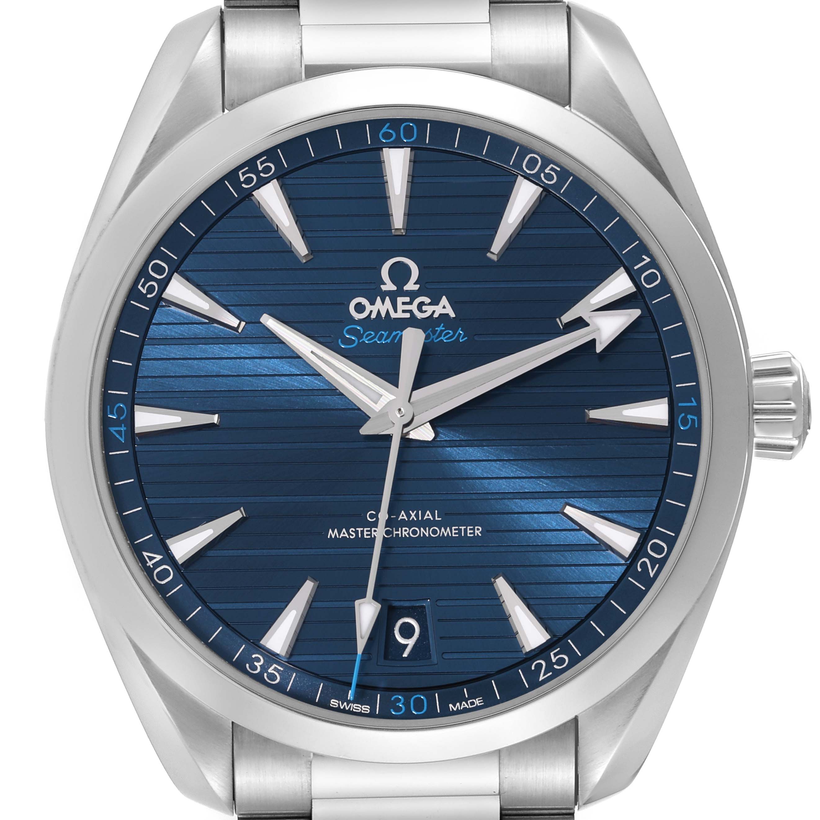 This is an Omega Aqua Terra 220.10.41.21.03.001 Men
s Stainless Steel Blue Dial 220.10.41.21.03.001 Men
s Stainless Steel Blue Dial watch shown from a front angle, highlighting its face, dial, and crown.