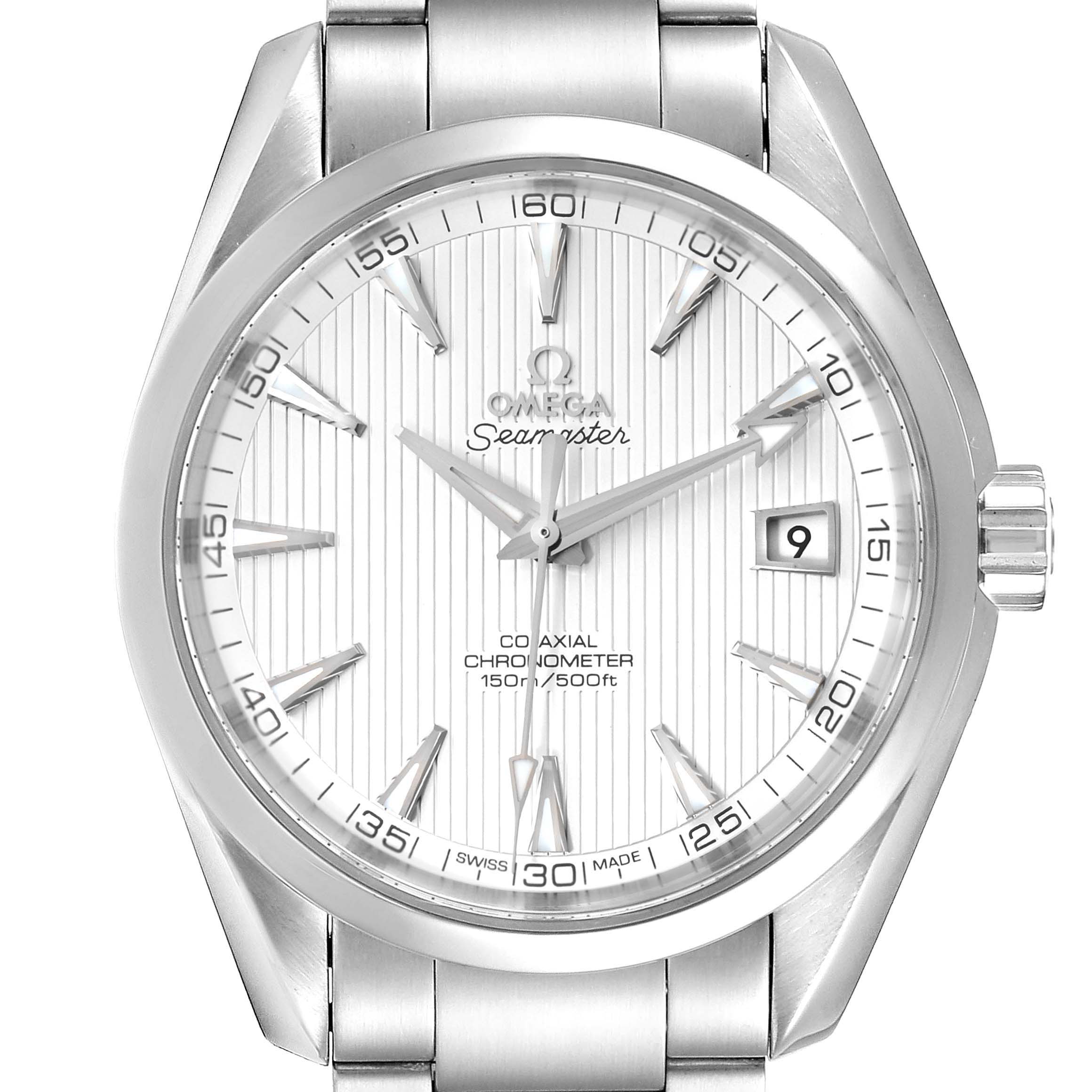 The image shows a front view of an Omega Aqua Terra 231.10.42.21.02.001 Men
s Stainless Steel Silver Dial 231.10.42.21.02.001 Men
s Stainless Steel Silver Dial watch, displaying its face, bezel, hands, and a portion of its bracelet.