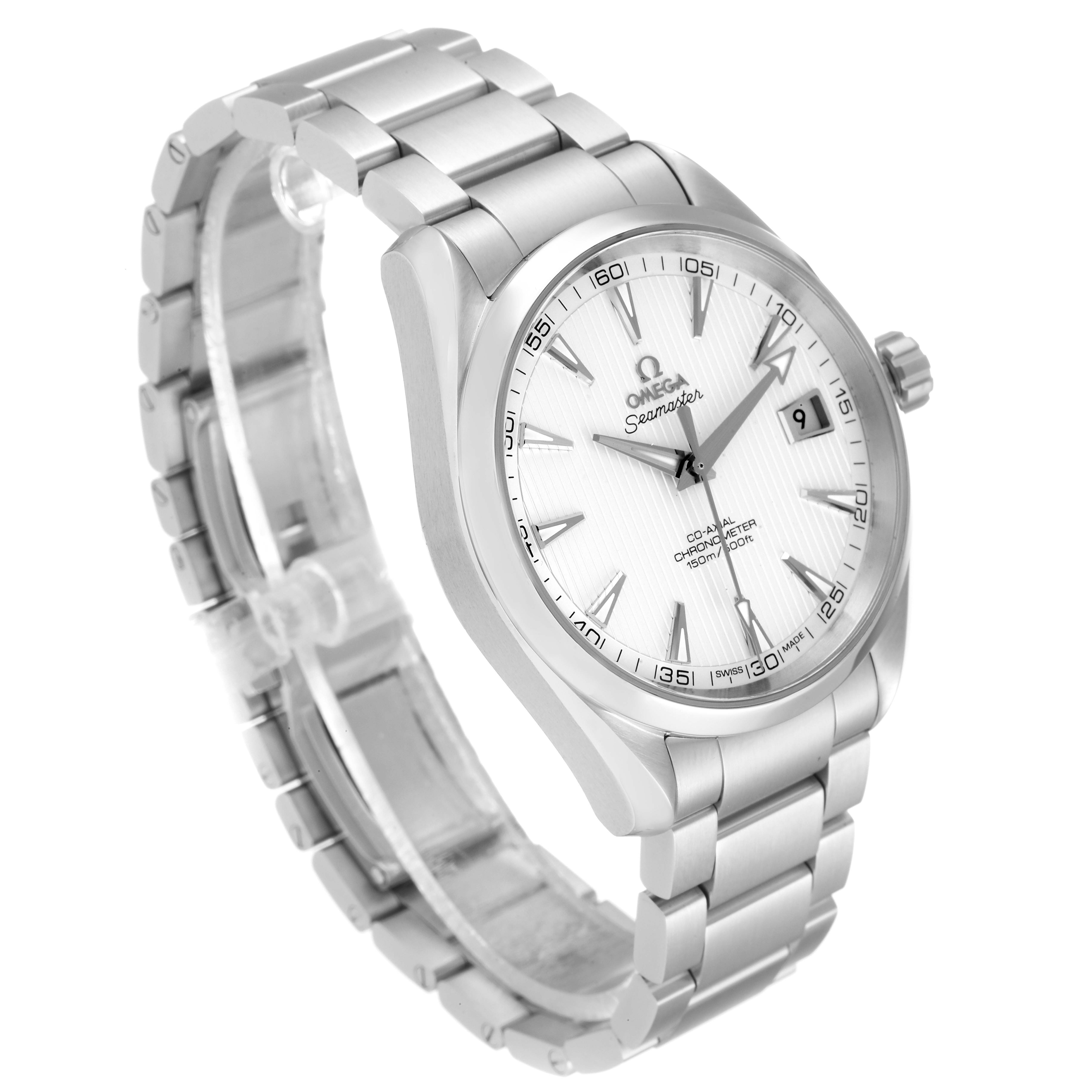 The photo shows a side-angle view of the Omega Aqua Terra 231.10.42.21.02.001 Men
s Stainless Steel Silver Dial 231.10.42.21.02.001 Men
s Stainless Steel Silver Dial watch, highlighting the face, bezel, case, and bracelet.