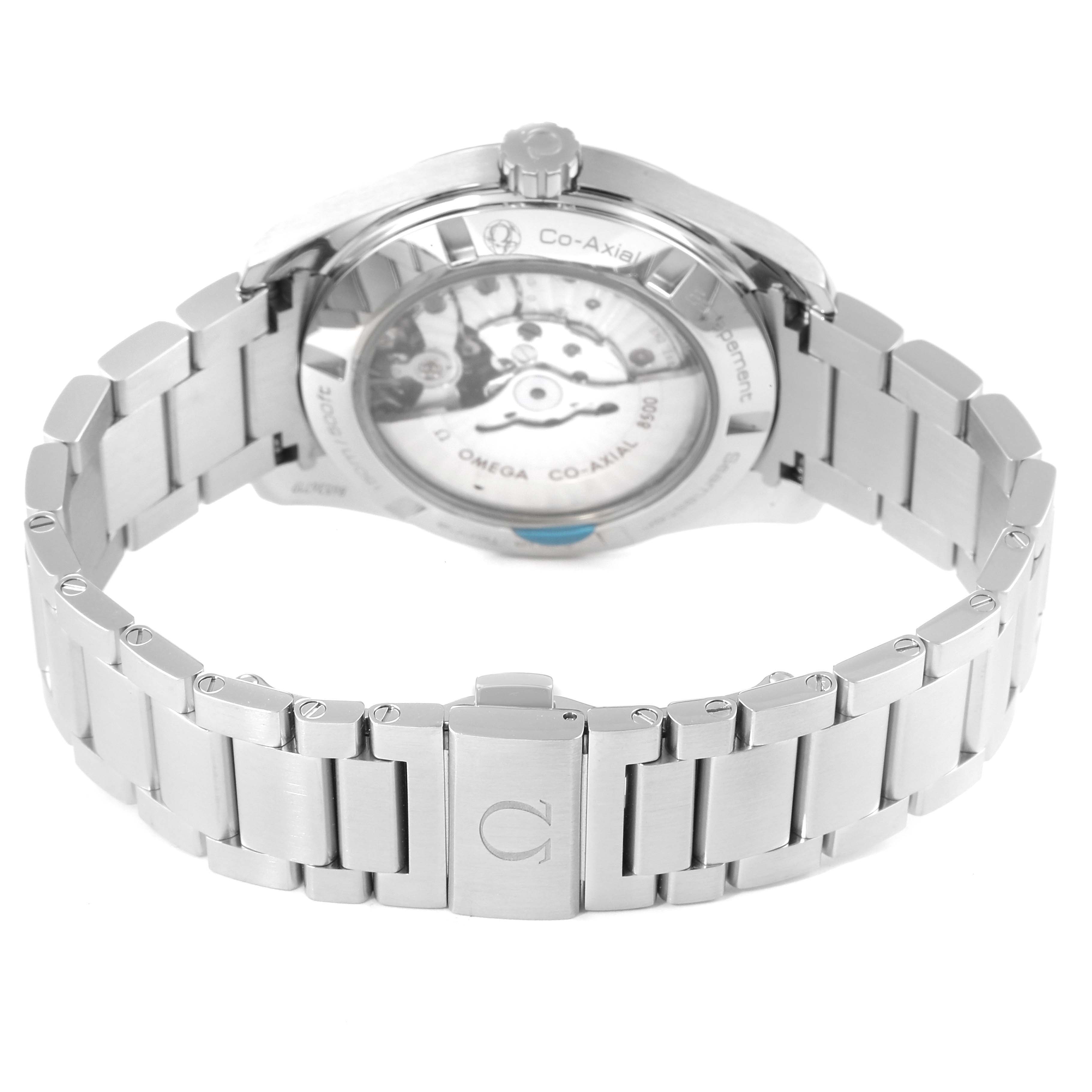 The image shows the back view of an Omega Aqua Terra 231.10.42.21.02.001 Men
s Stainless Steel Silver Dial 231.10.42.21.02.001 Men
s Stainless Steel Silver Dial watch, highlighting its stainless steel bracelet and visible movement.