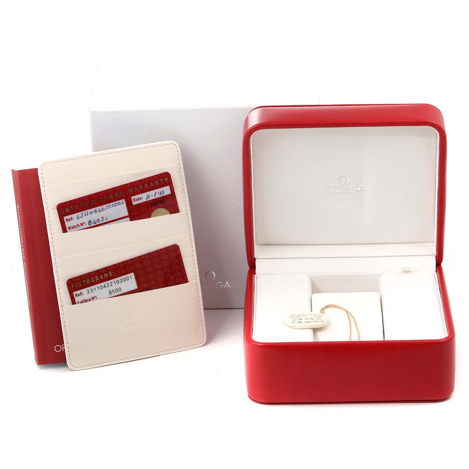 The image shows an Omega Aqua Terra 231.10.42.21.02.001 Men
s Stainless Steel Silver Dial 231.10.42.21.02.001 Men
s Stainless Steel Silver Dial watch box, warranty cards, and a card holder.