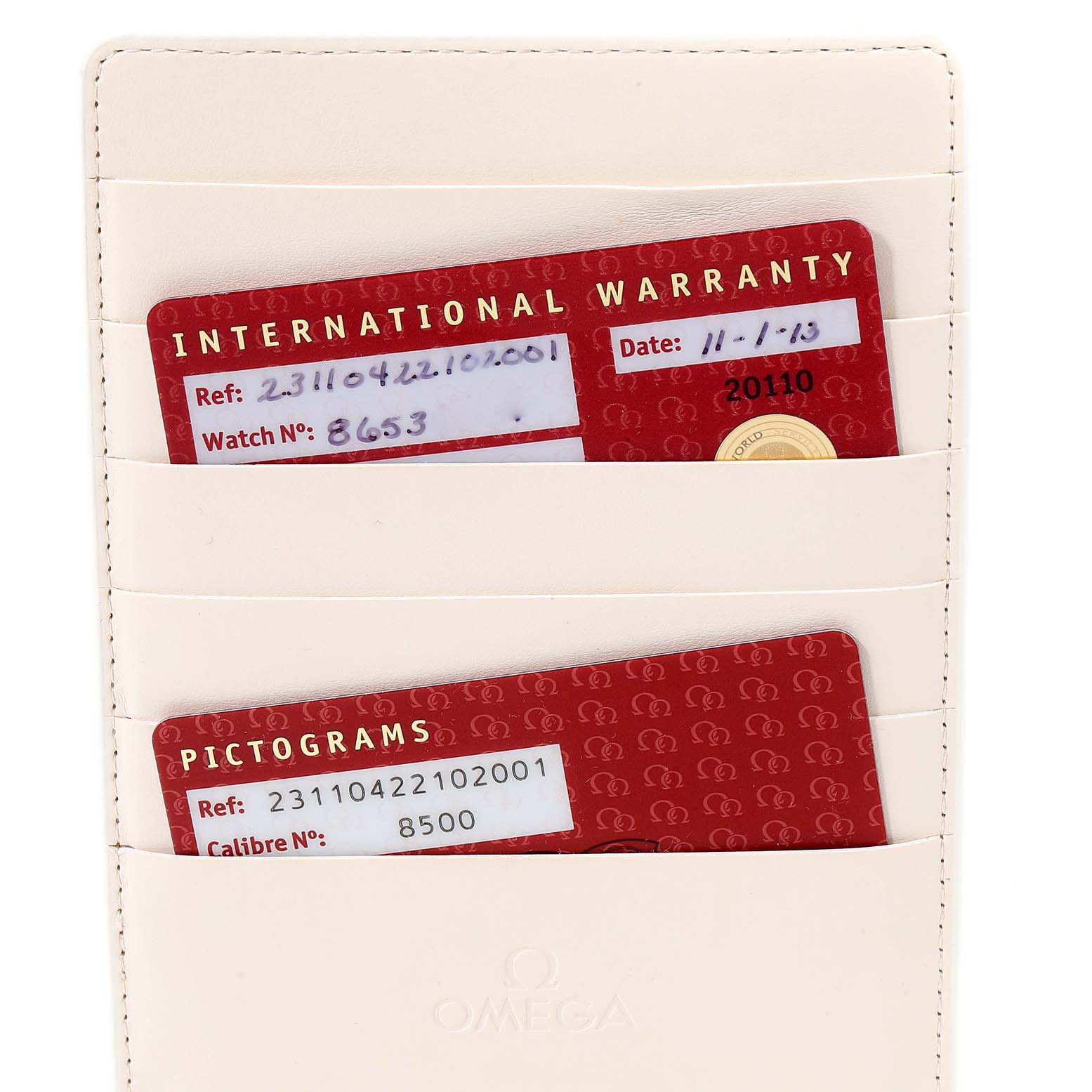 This image shows the warranty and pictogram cards for the Omega Aqua Terra 231.10.42.21.02.001 Men
s Stainless Steel Silver Dial 231.10.42.21.02.001 Men
s Stainless Steel Silver Dial model.