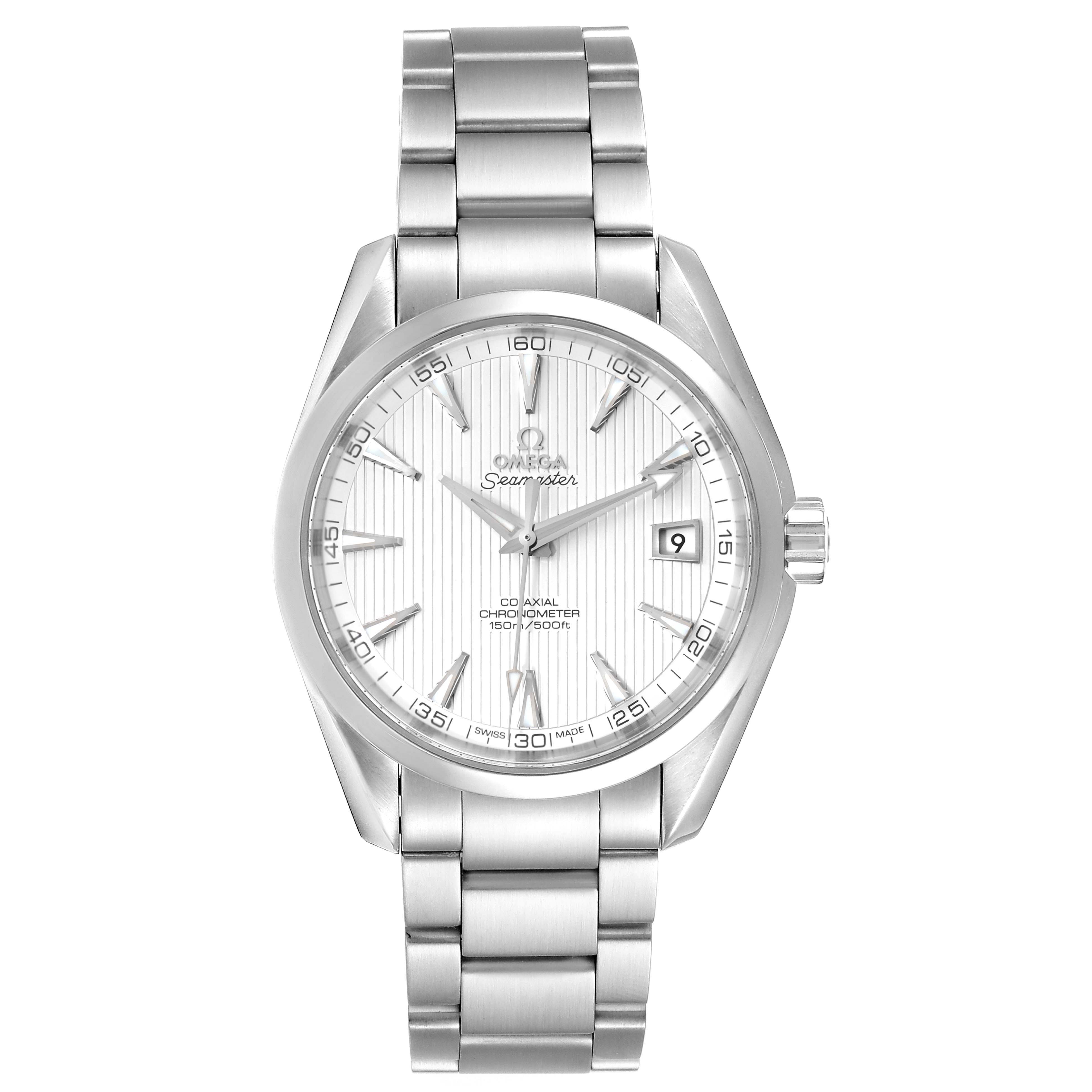 The image shows a frontal view of an Omega Aqua Terra 231.10.42.21.02.001 Men
s Stainless Steel Silver Dial 231.10.42.21.02.001 Men
s Stainless Steel Silver Dial watch, including its dial, bezel, crown, and metal bracelet.