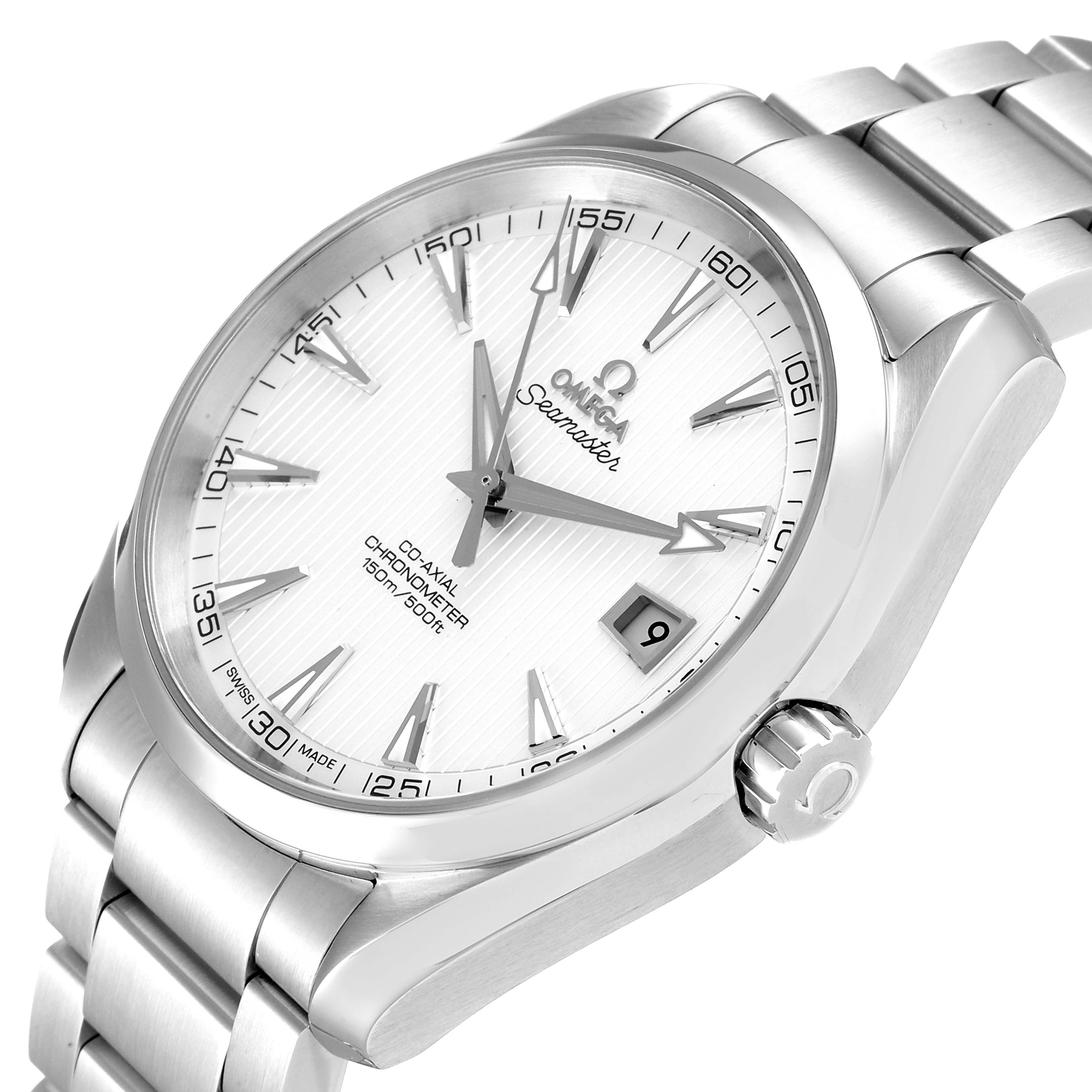 This is a front and right angle view of the Omega Aqua Terra 231.10.42.21.02.001 Men
s Stainless Steel Silver Dial 231.10.42.21.02.001 Men
s Stainless Steel Silver Dial watch, showing its dial, crown, and bracelet.
