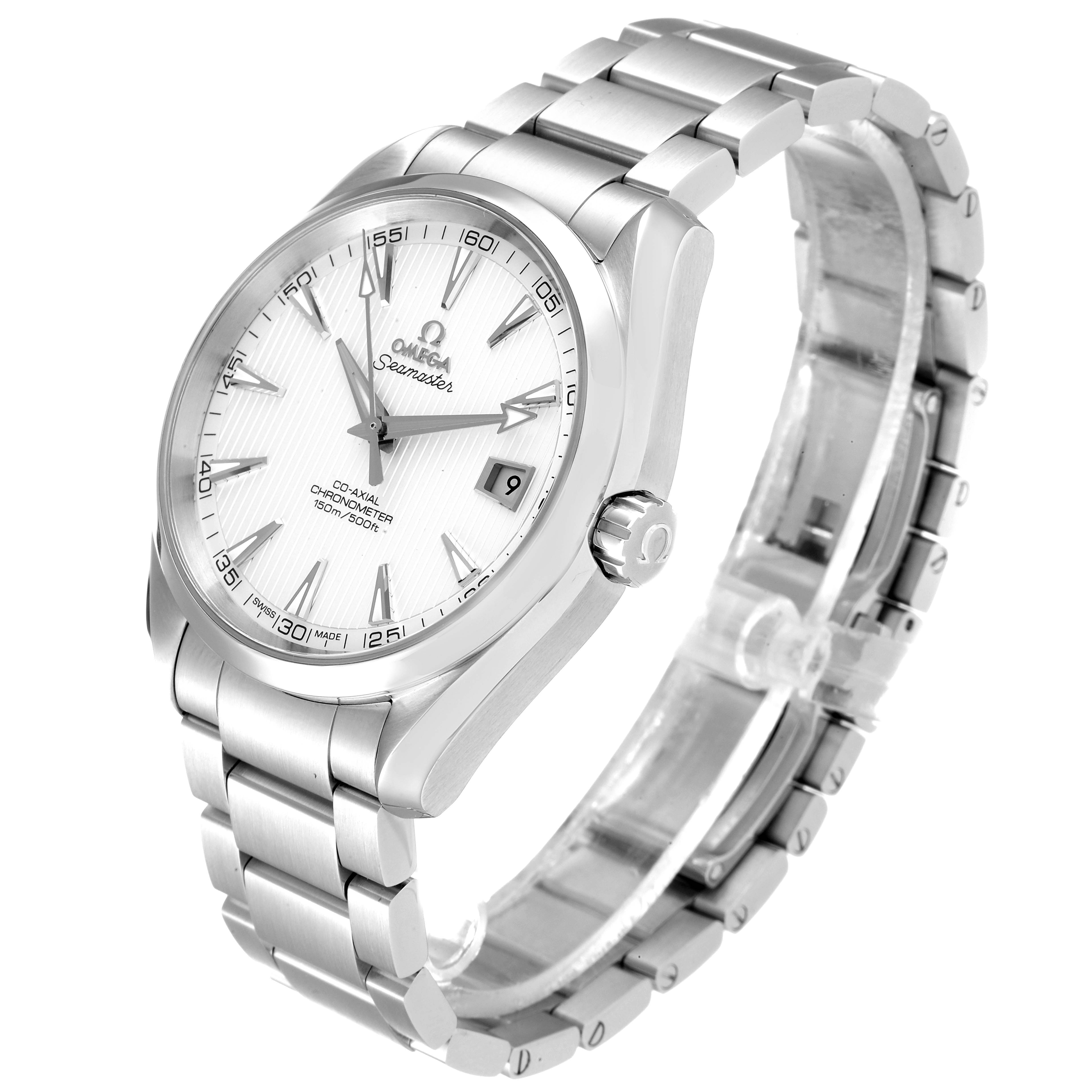 The image shows a three-quarter view of the Omega Aqua Terra 231.10.42.21.02.001 Men
s Stainless Steel Silver Dial 231.10.42.21.02.001 Men
s Stainless Steel Silver Dial watch, highlighting the face, crown, and stainless steel bracelet.