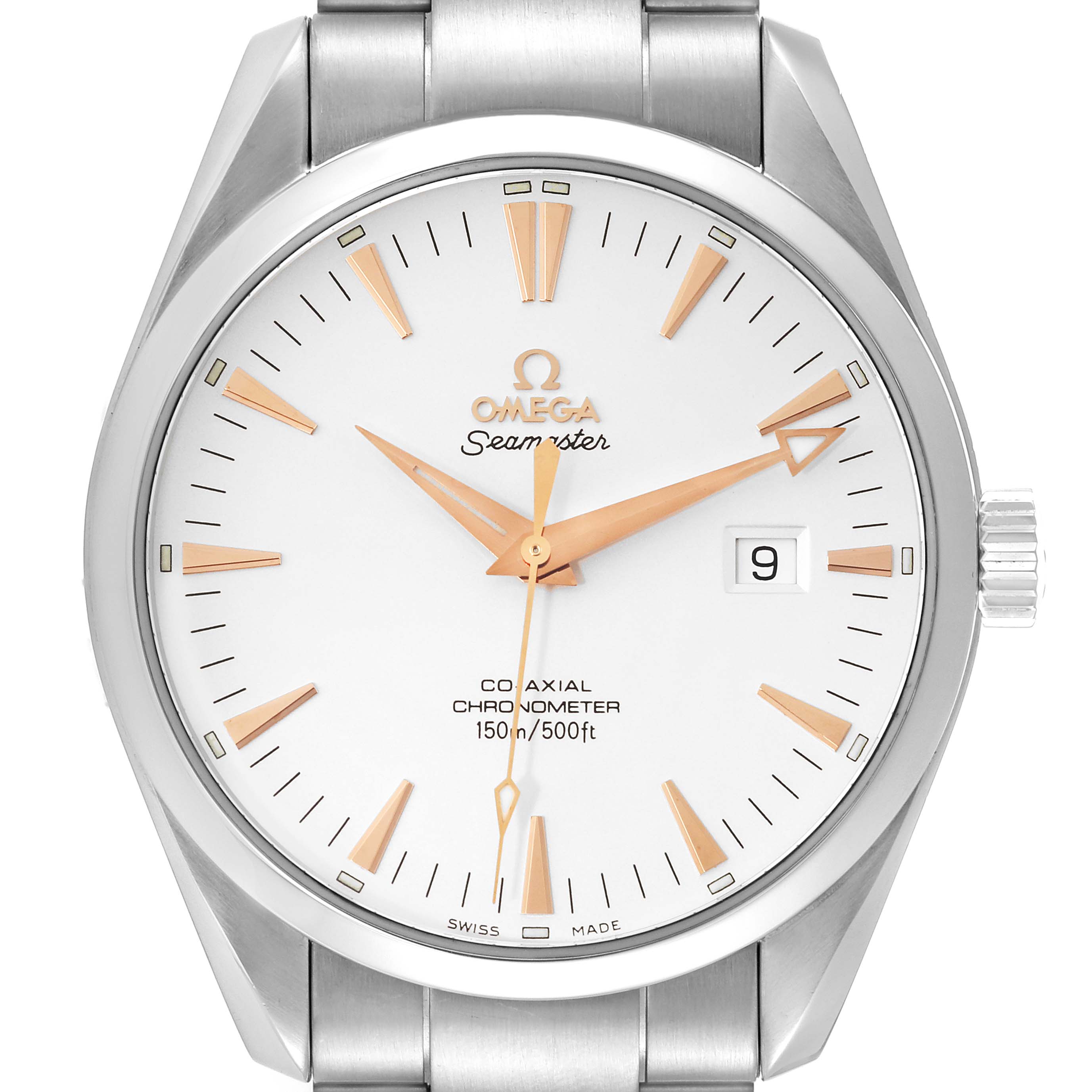 The image shows a front view of the Omega Aqua Terra 2502.34.00 Men
s Stainless Steel Silver Dial 2502.34.00 Men
s Stainless Steel Silver Dial watch, highlighting the dial, hands, hour markers, and date window.