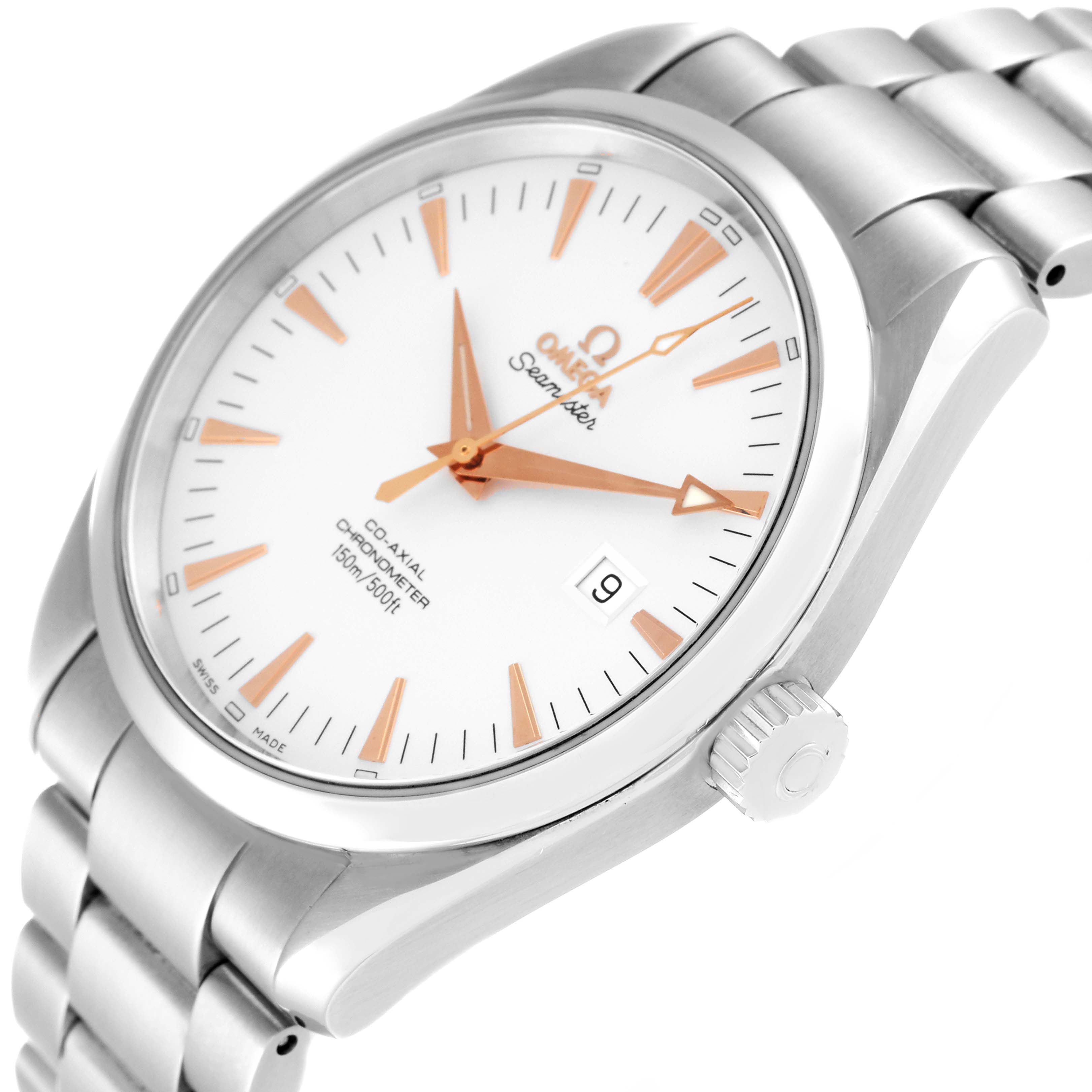 The Omega Aqua Terra 2502.34.00 Men
s Stainless Steel Silver Dial 2502.34.00 Men
s Stainless Steel Silver Dial watch is shown at a slight angle, highlighting the dial, crown, and metal bracelet.