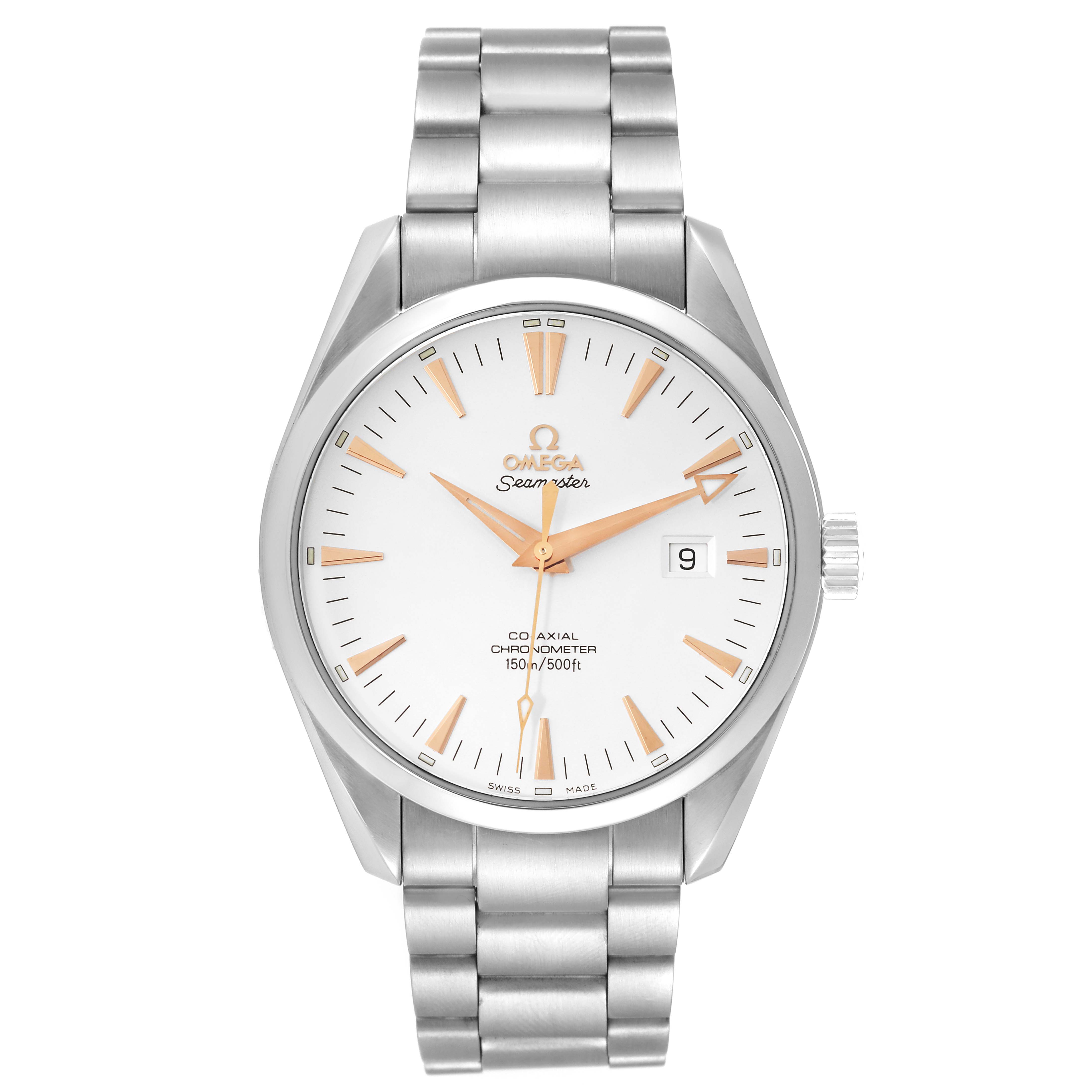 The image shows a frontal view of the Omega Aqua Terra 2502.34.00 Men
s Stainless Steel Silver Dial 2502.34.00 Men
s Stainless Steel Silver Dial model, highlighting the face, hands, bracelet, and crown.