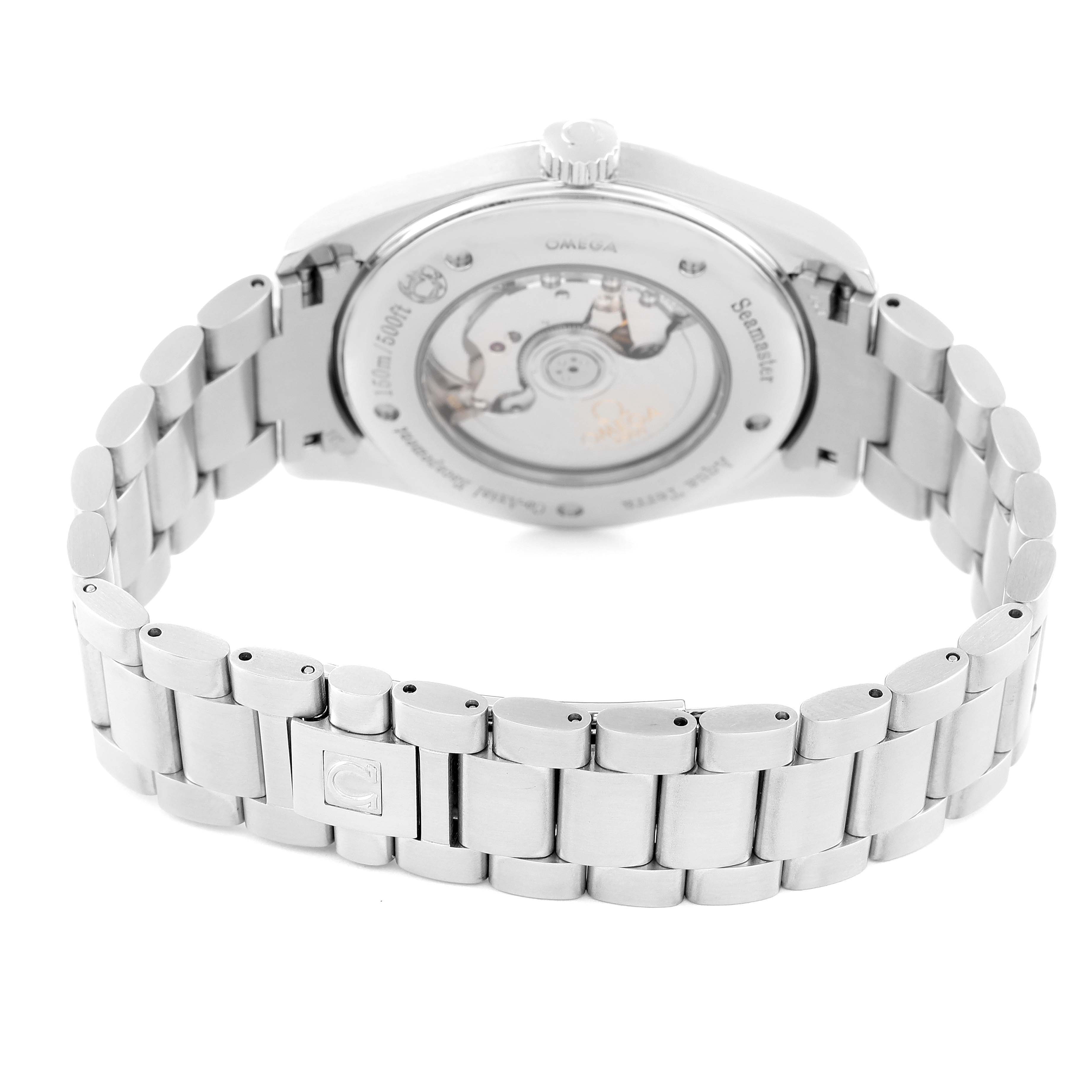 This image shows the back and bracelet of the Omega Aqua Terra 2502.34.00 Men
s Stainless Steel Silver Dial 2502.34.00 Men
s Stainless Steel Silver Dial watch, highlighting the movement and clasp.