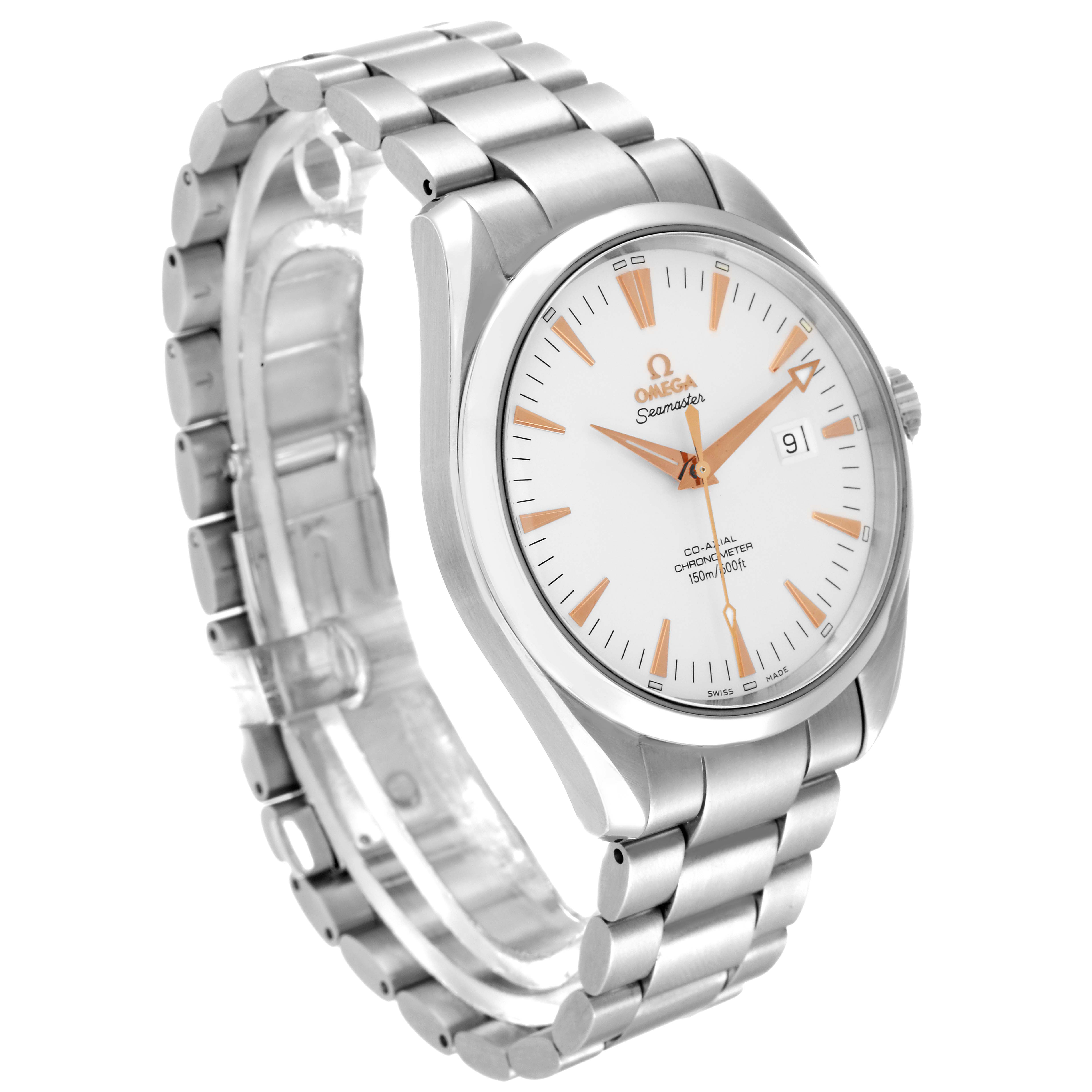 This Omega Aqua Terra 2502.34.00 Men
s Stainless Steel Silver Dial 2502.34.00 Men
s Stainless Steel Silver Dial model watch is shown from a three-quarter angle, displaying the face, bezel, case, and bracelet.