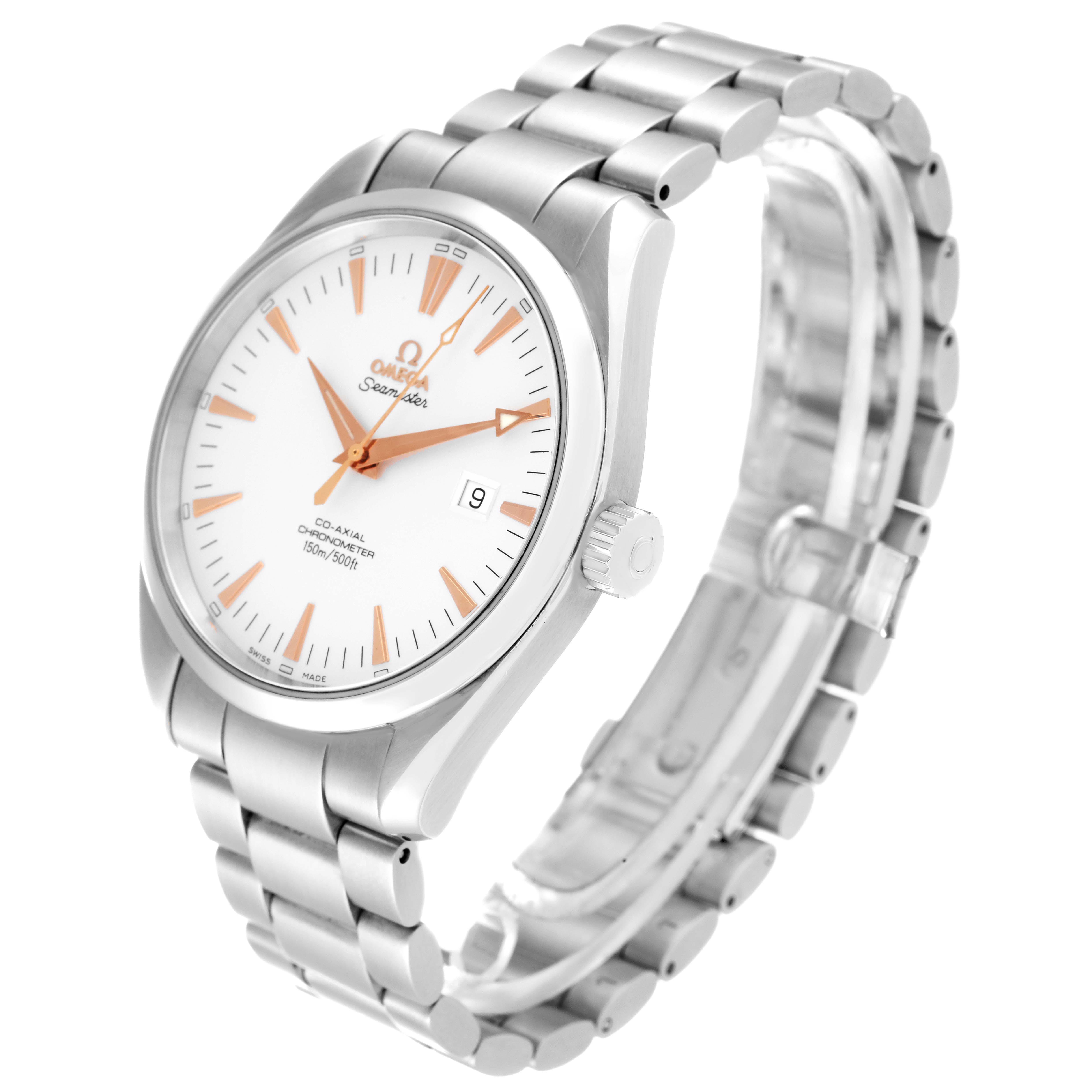 The image shows an angled view of the Omega Aqua Terra 2502.34.00 Men
s Stainless Steel Silver Dial 2502.34.00 Men
s Stainless Steel Silver Dial watch, highlighting the face, crown, and metal bracelet.